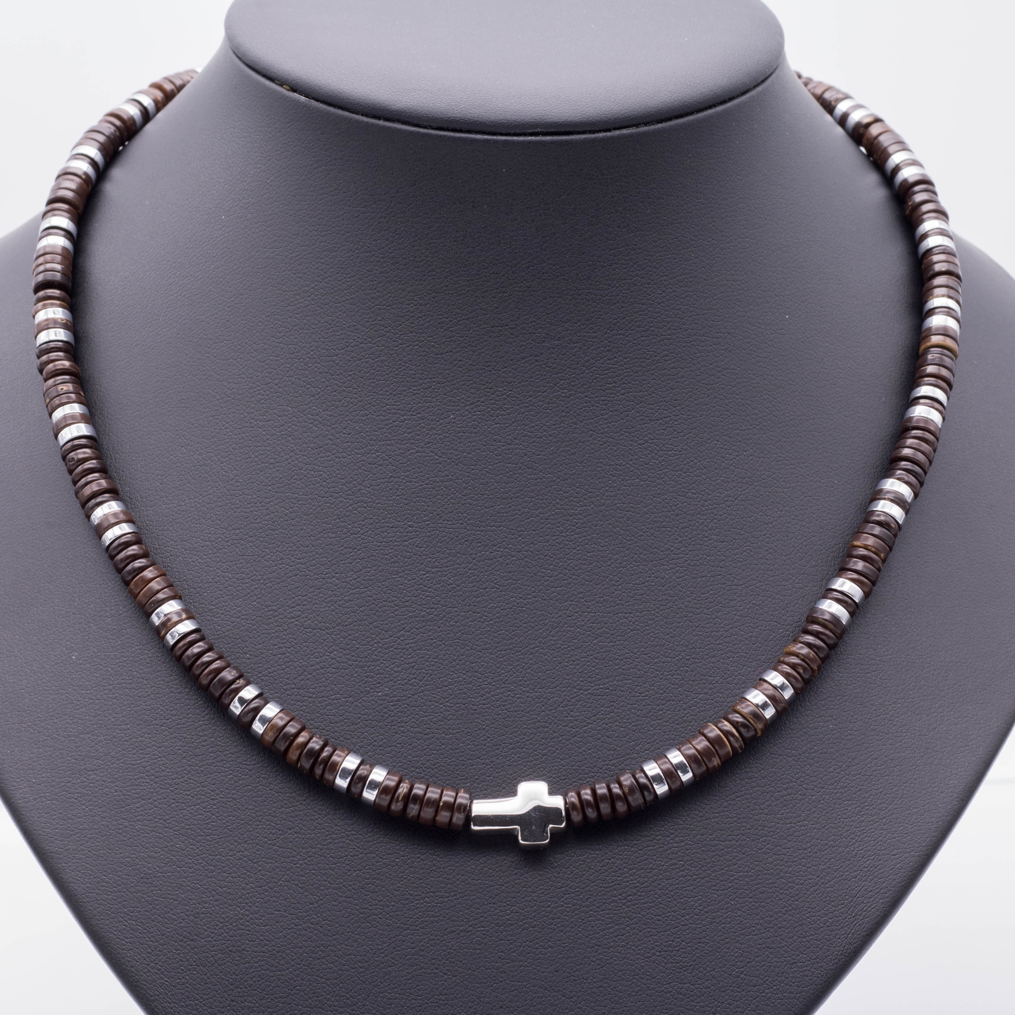 Einzigartige Herren Holzkette aus Kokosnuss & Hämatit - Kreuzkette