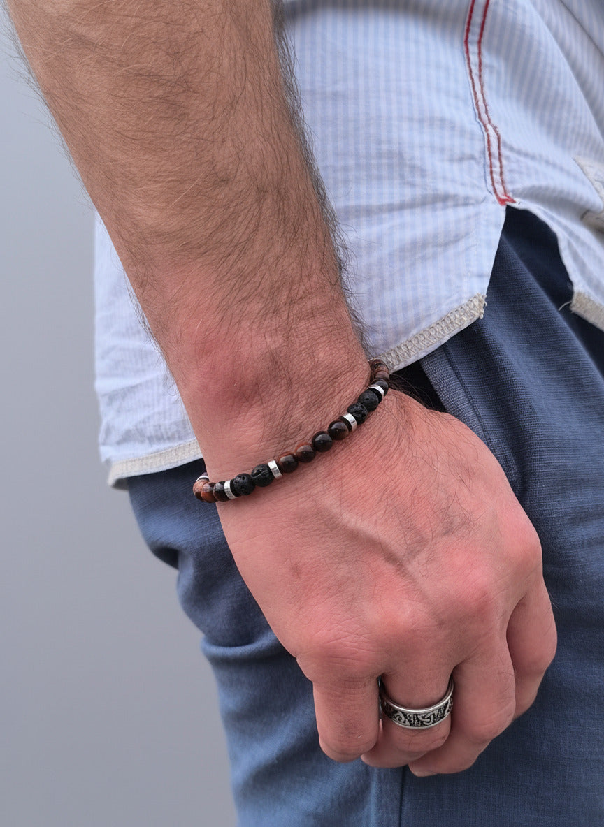 Armband mit roten Tigeraugen - und schwarzen Lavaperlen