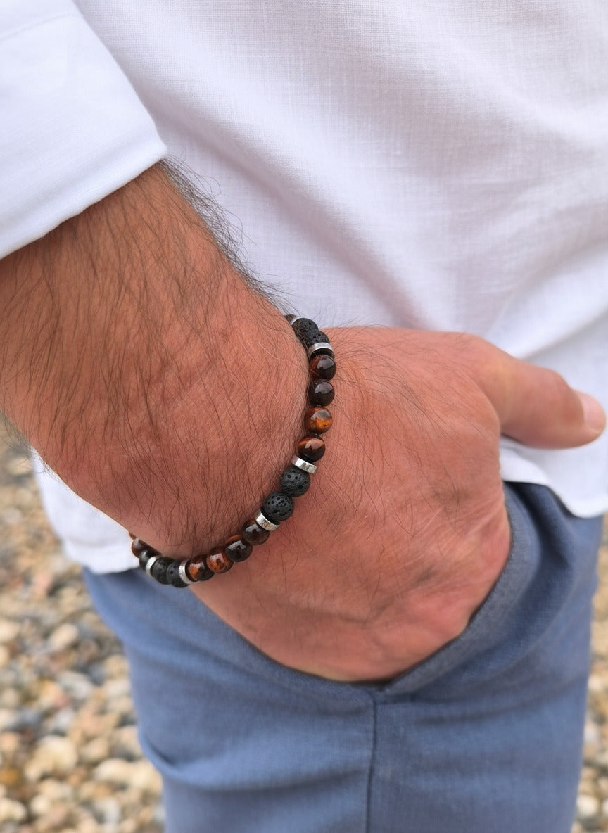 Armband mit roten Tigeraugen - und schwarzen Lavaperlen