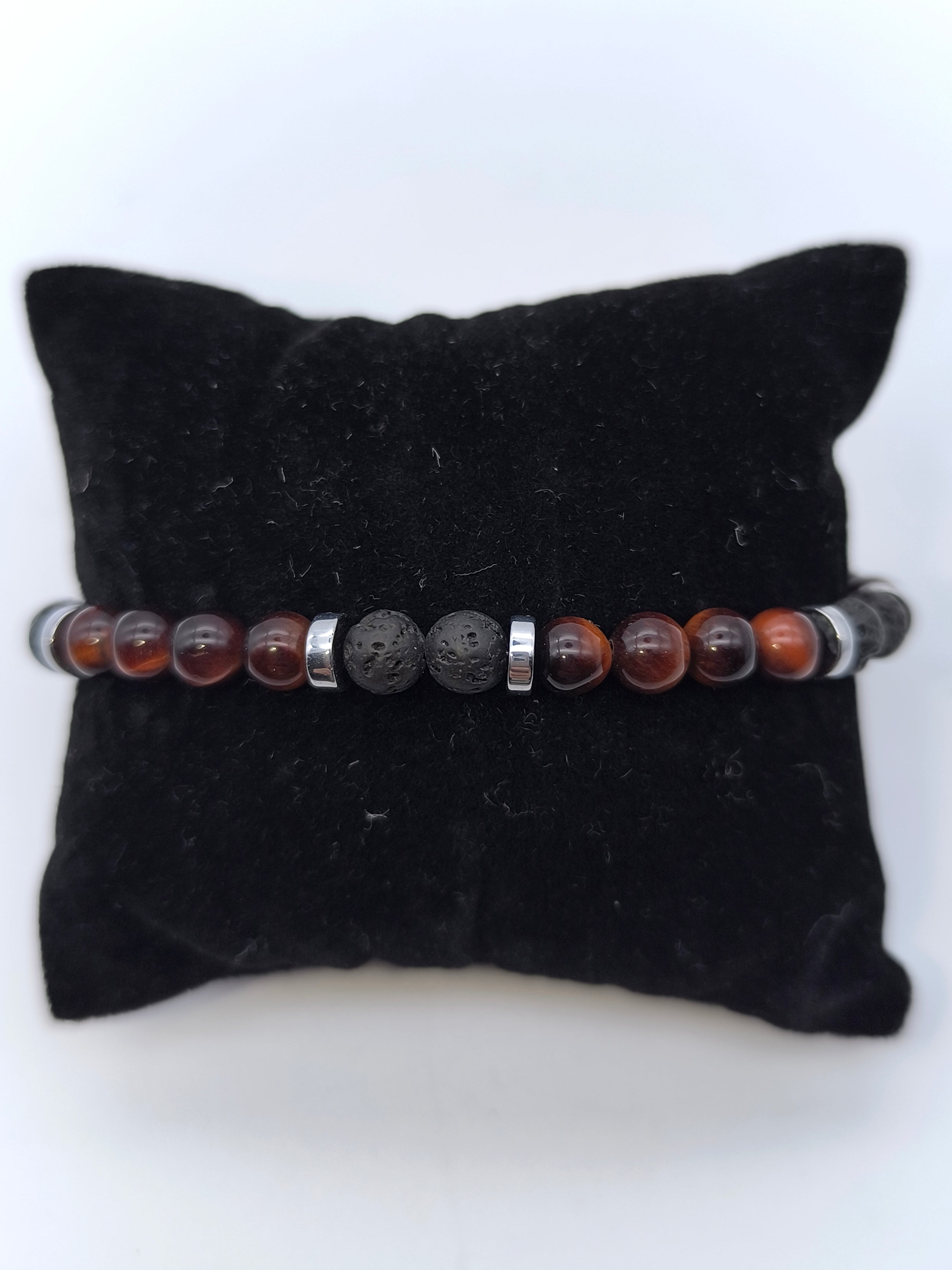 Armband mit roten Tigeraugen - und schwarzen Lavaperlen