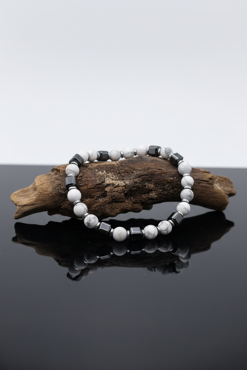 Armband mit weissen Howlith - und Hämatitperlen