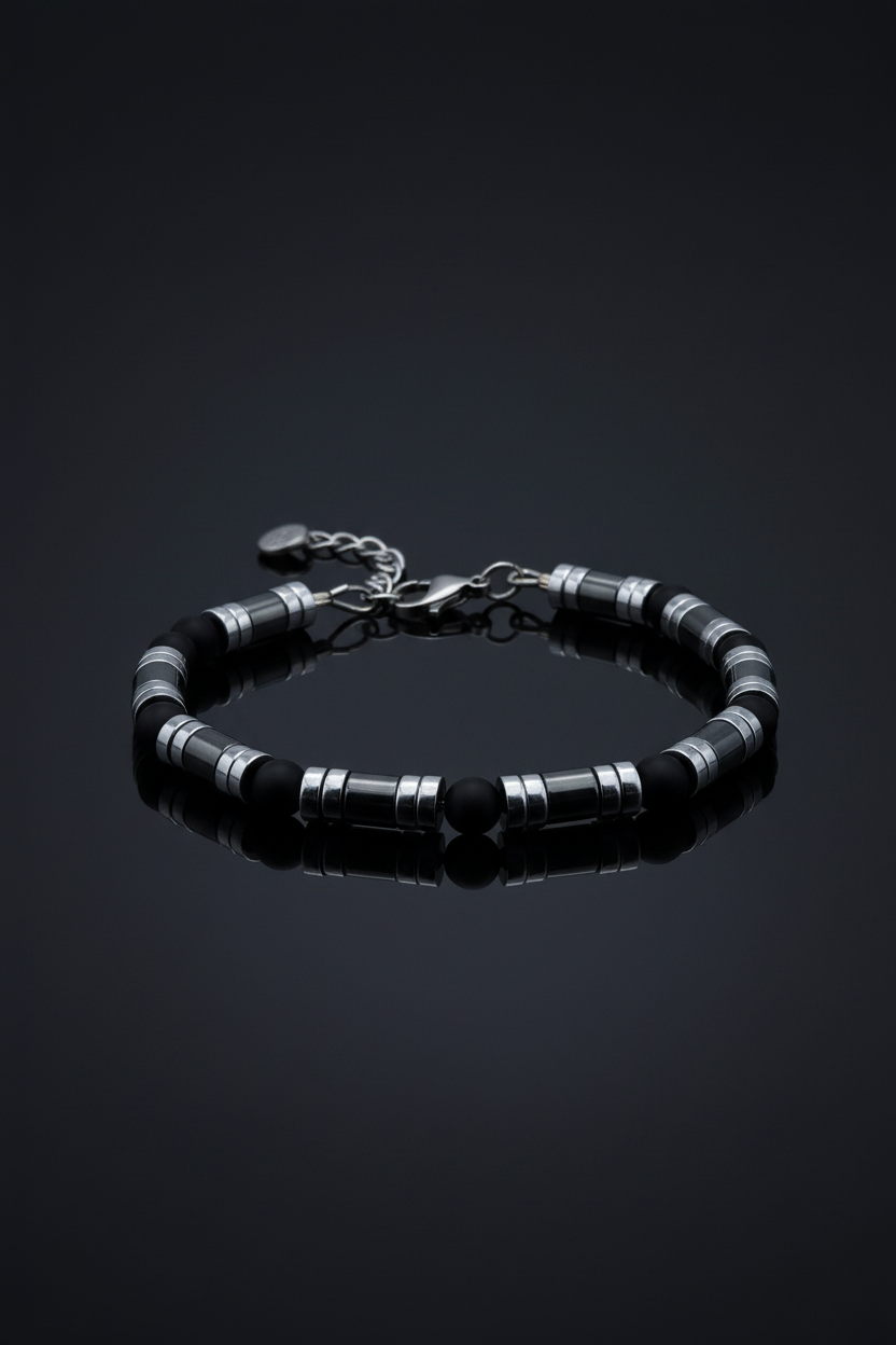 Armband mit schwarzen Achat matt- und Hämatitperlen