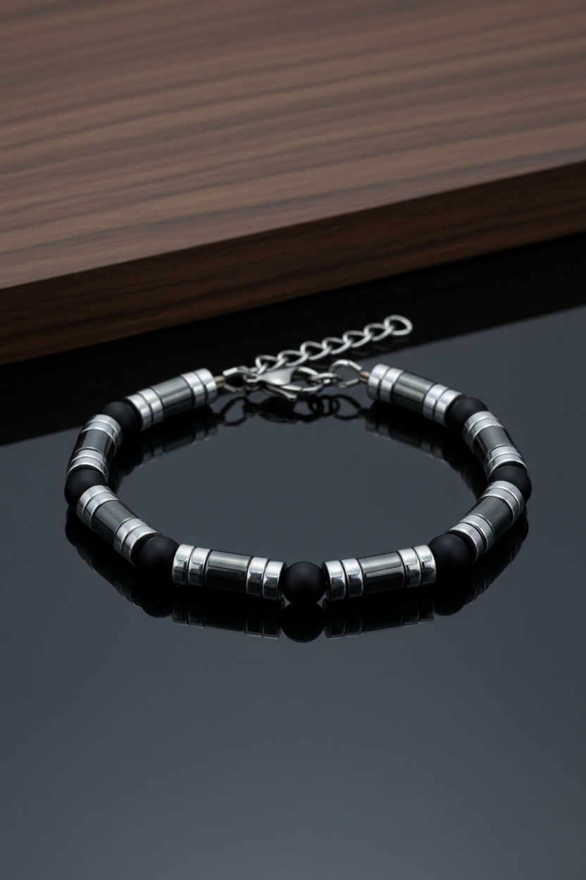 Armband mit schwarzen Achat matt- und Hämatitperlen