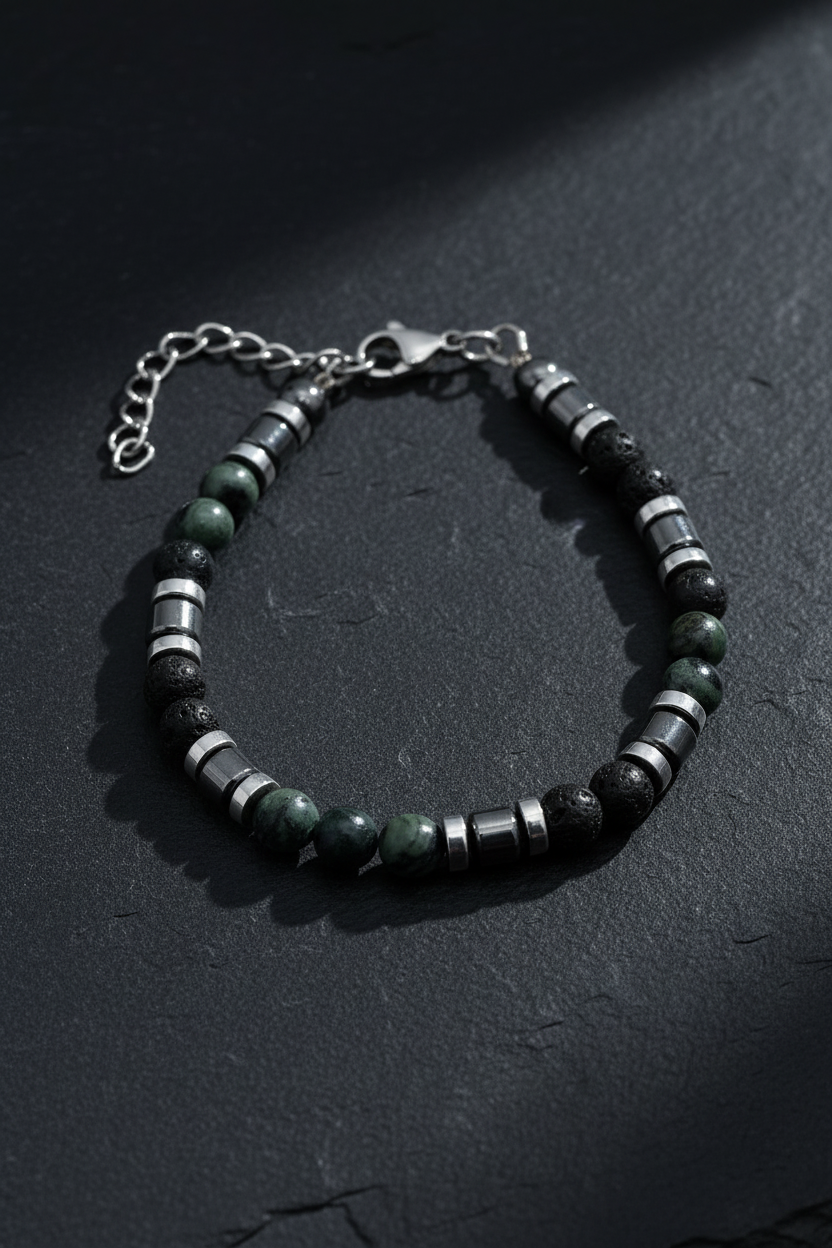 Armband mit Moosachat, Lava - und Hämatitperlen