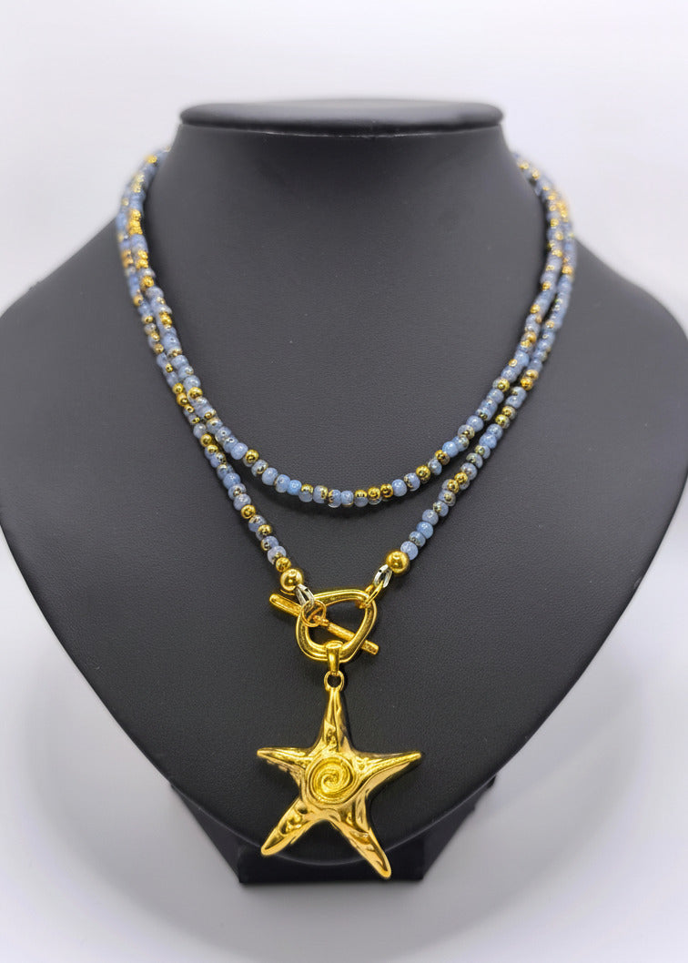 Lange Halskette mit kleinen Perlchen hellblau/gold