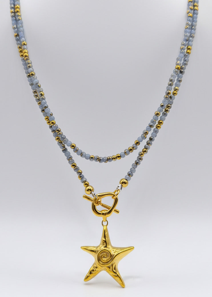 Lange Halskette mit kleinen Perlchen hellblau/gold