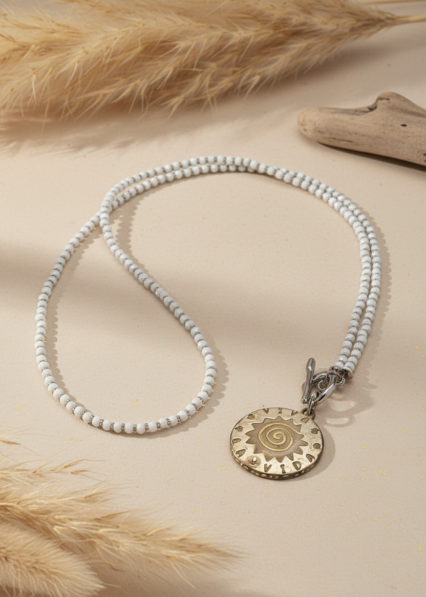 Weisse Halskette lang mit kleinen Perlchen und rundem Anhänger im Silber-Vintage Look