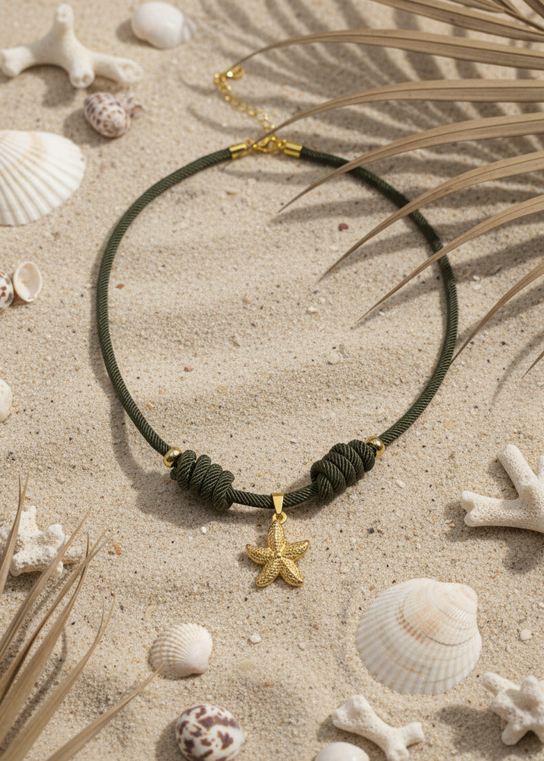 Halskette aus Seil khaki mit goldenem Seestern