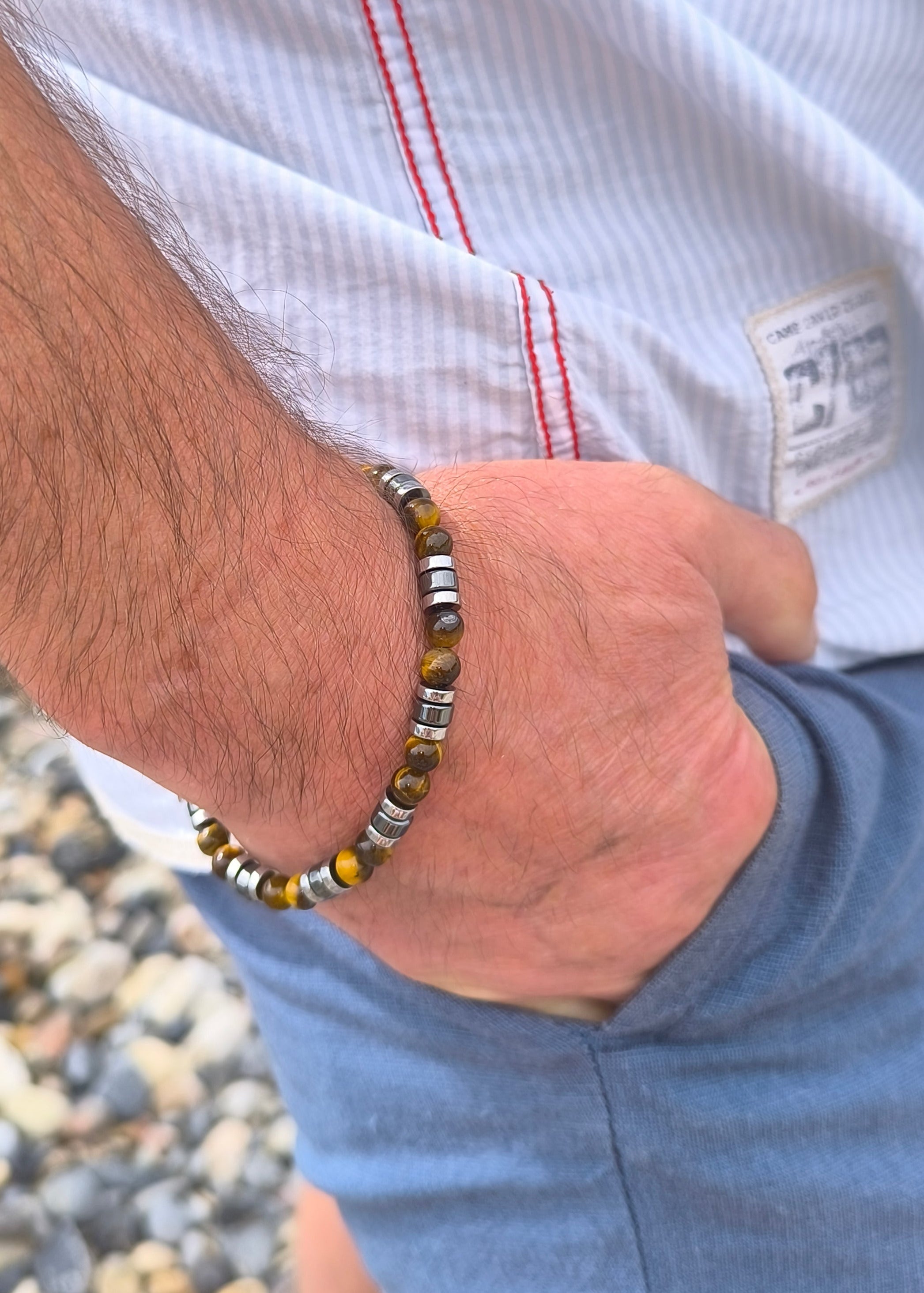 Perlen Armband mit gelben Tigeraugen und Hämatit