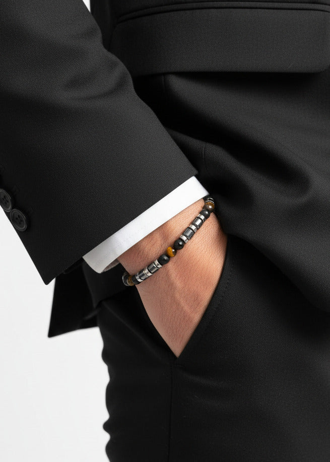 Perlen Armband mit gelben Tigeraugen, schwarzem Achat und Hämatit