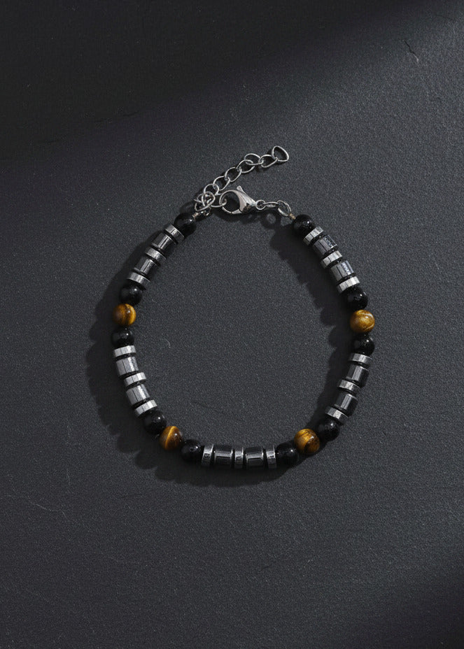 Perlen Armband mit gelben Tigeraugen, schwarzem Achat und Hämatit