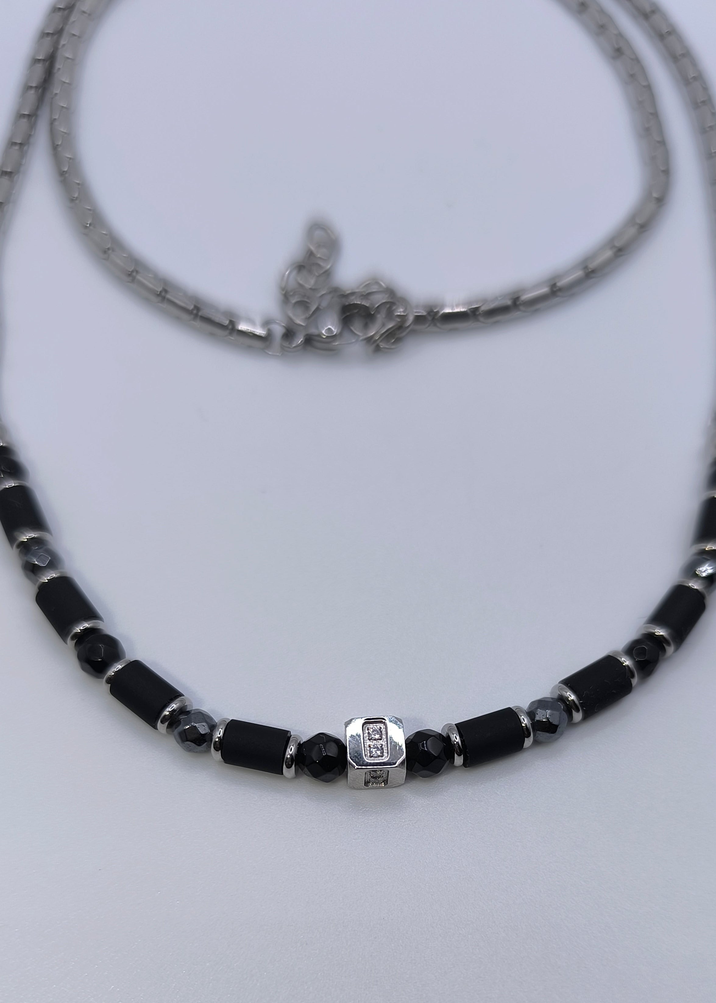 Herrenhalskette im Materialmix - Obsidian, Hämatit/Edelstahl
