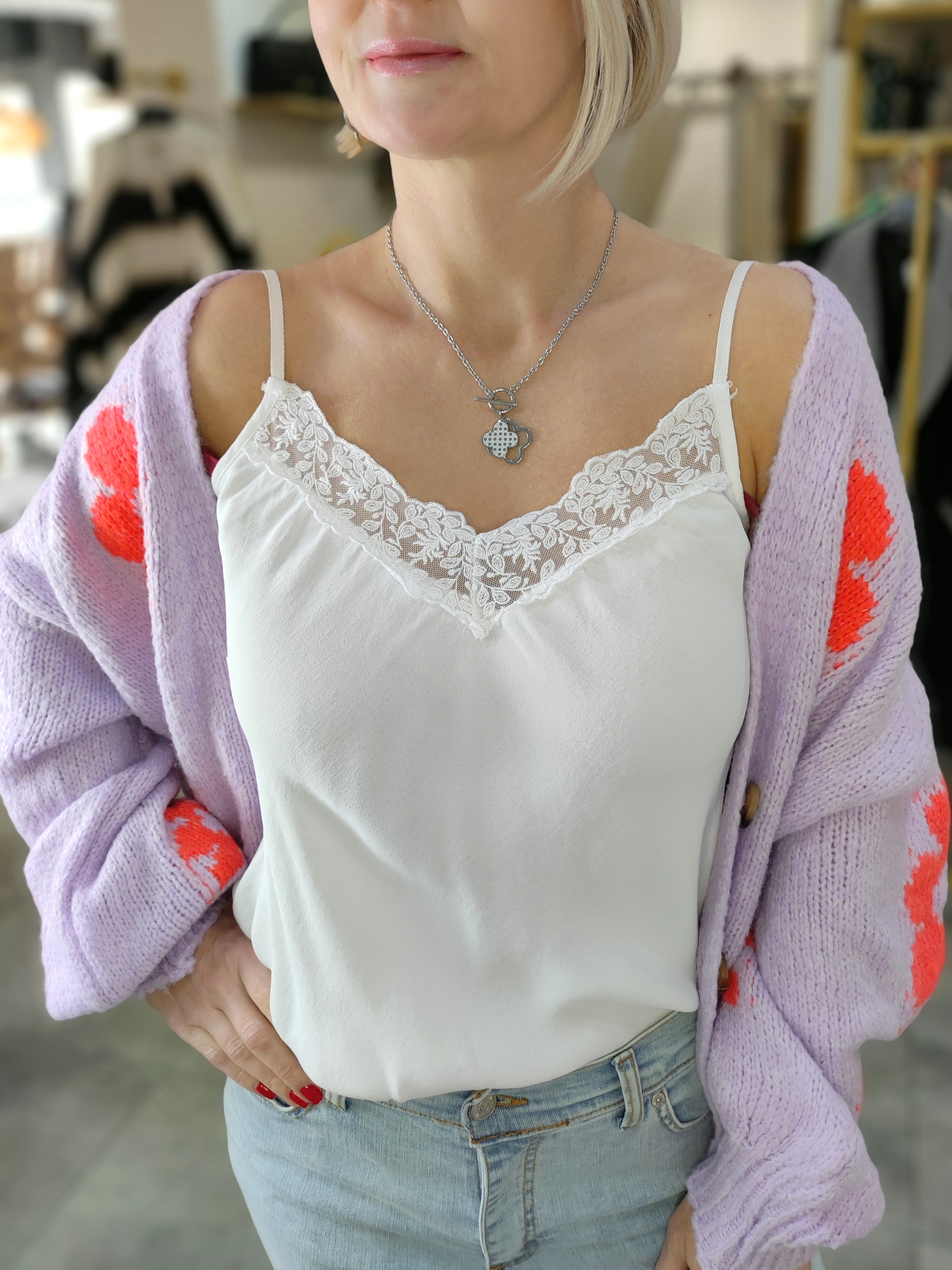 Edelstahl Halskette Doppel Kleeblatt silber