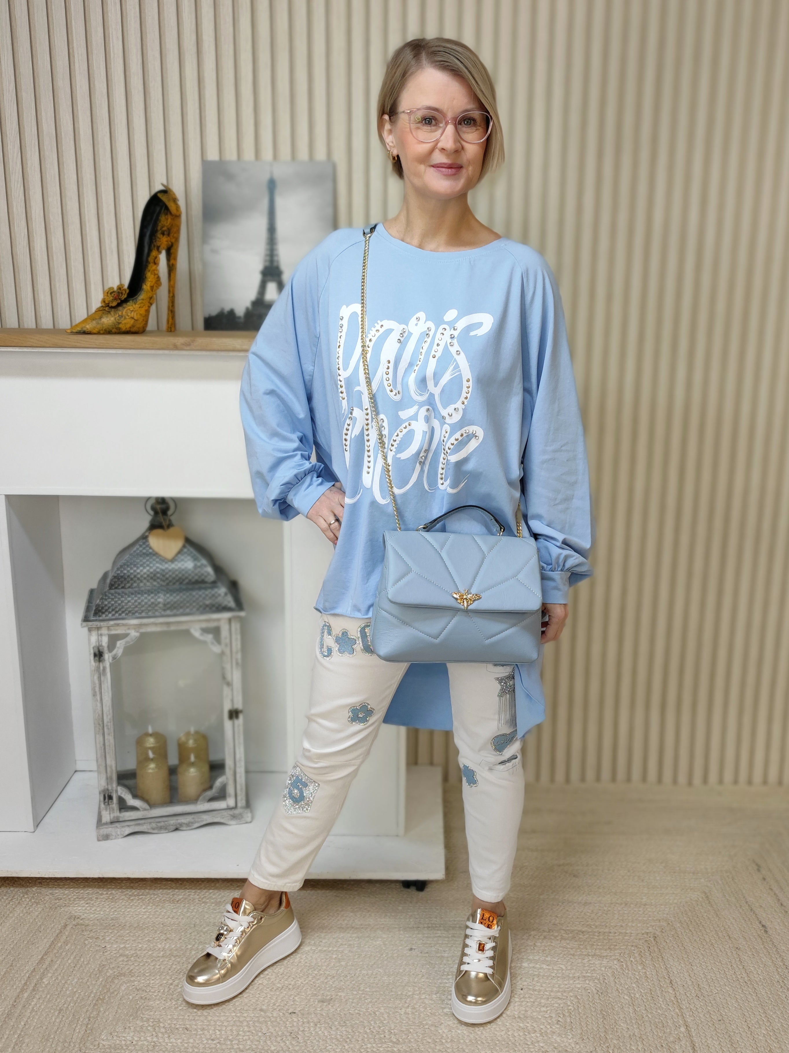 Hochwertige Lederhandtasche Biene, hellblau