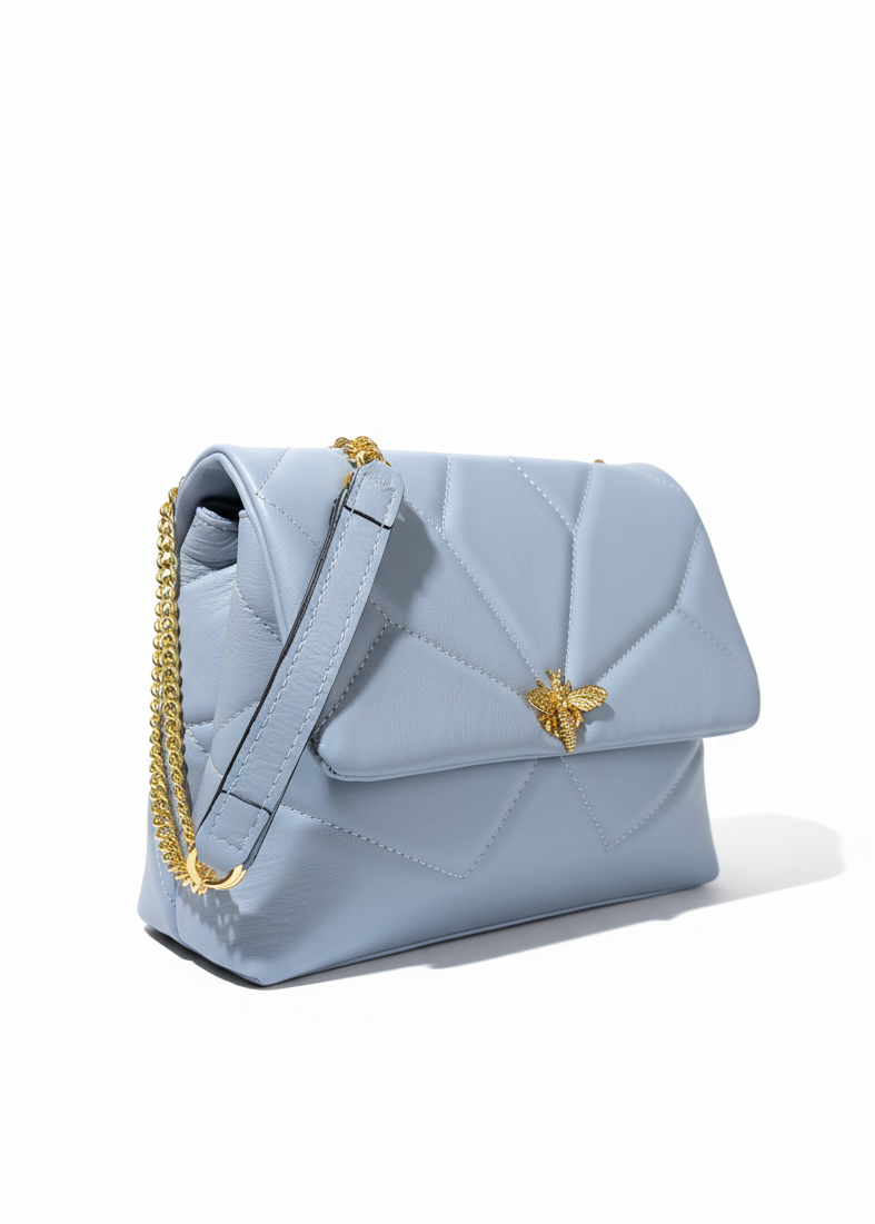 Hochwertige Lederhandtasche Biene, hellblau