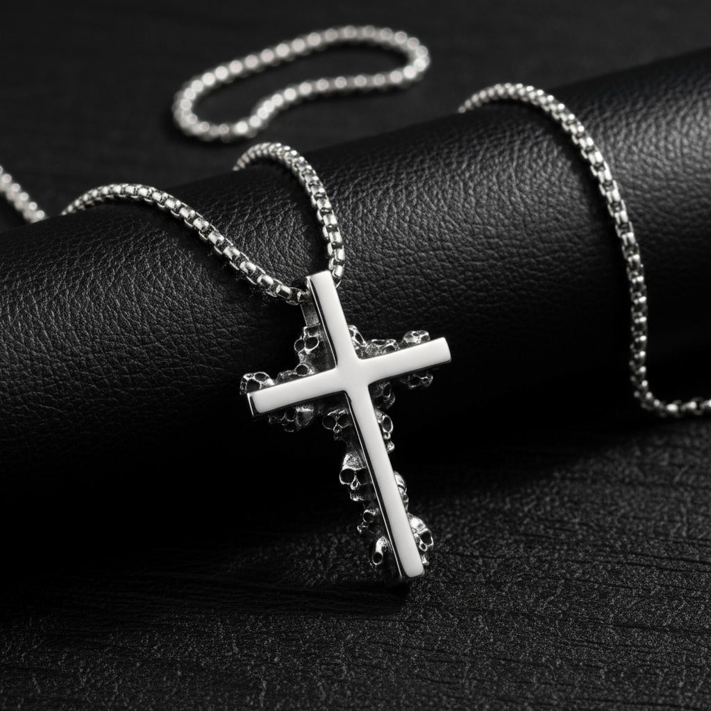 Edelstahl Kreuz Kette mit Skulls