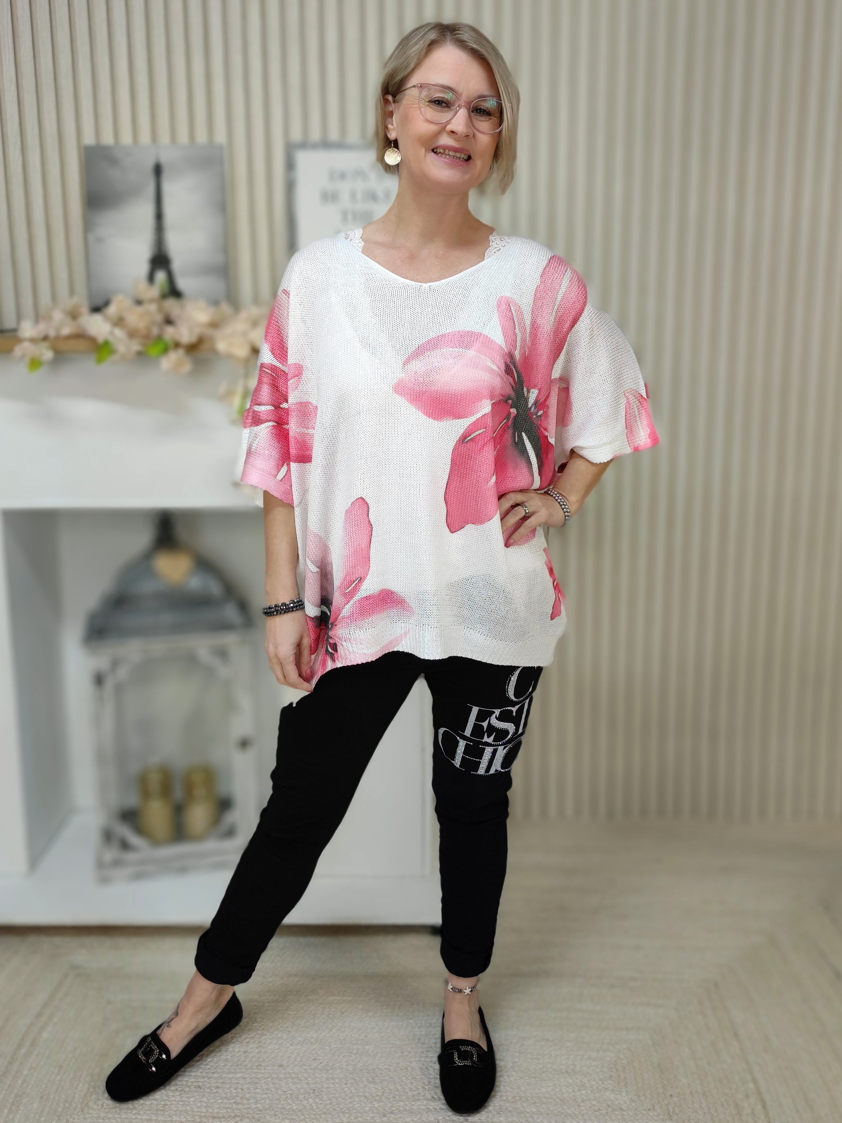 Loch - Strickpullover weiss/pink (38-44)