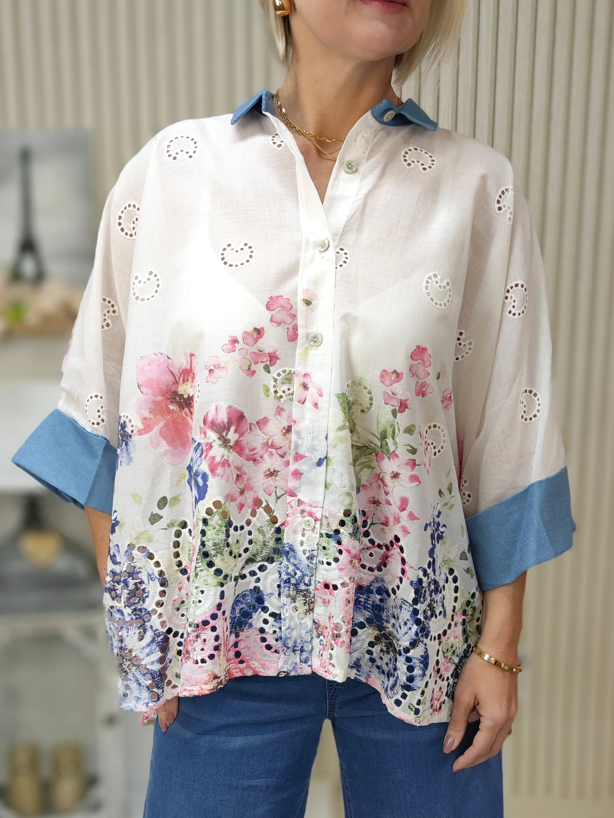 Bluse "Flower Power" weiss/mehrfarbig (38-44)