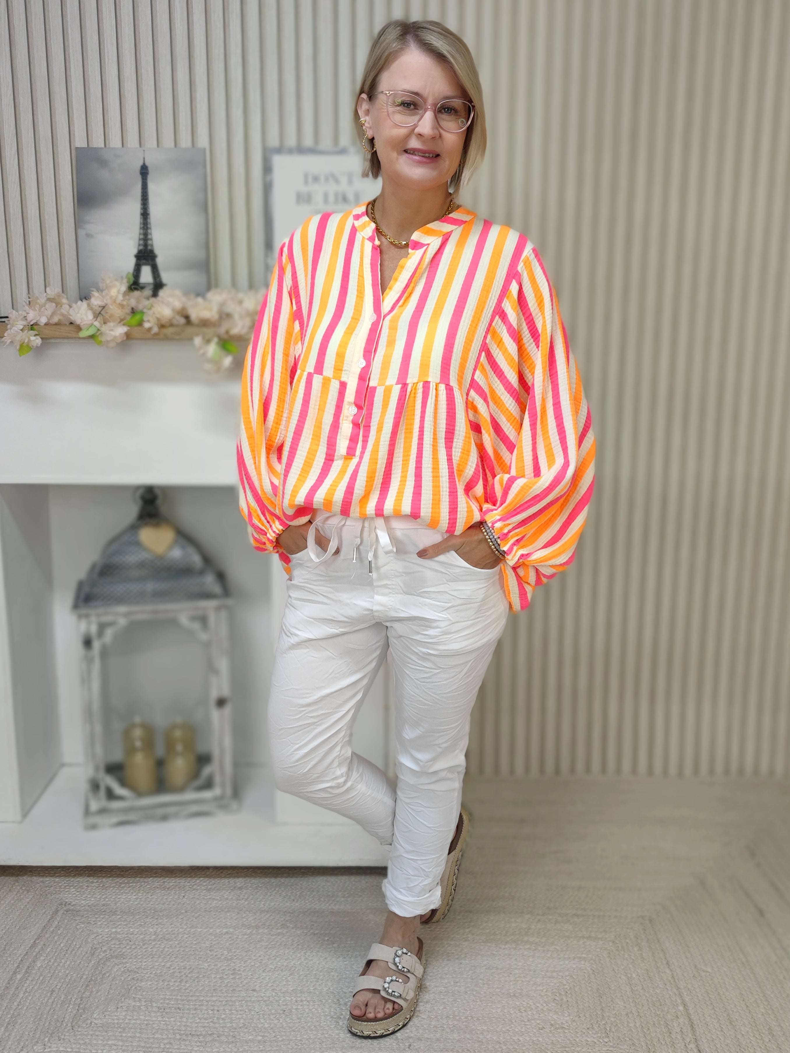 Musselin Bluse - Neon gestreift (40-44)