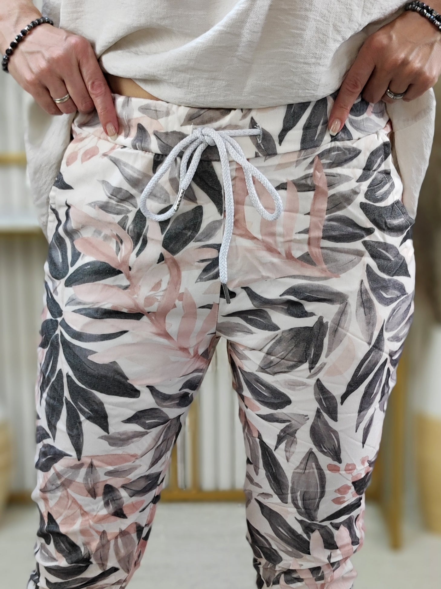 Sommer Stretchhose "Fibi" Wollweiss/Grau (38-44)