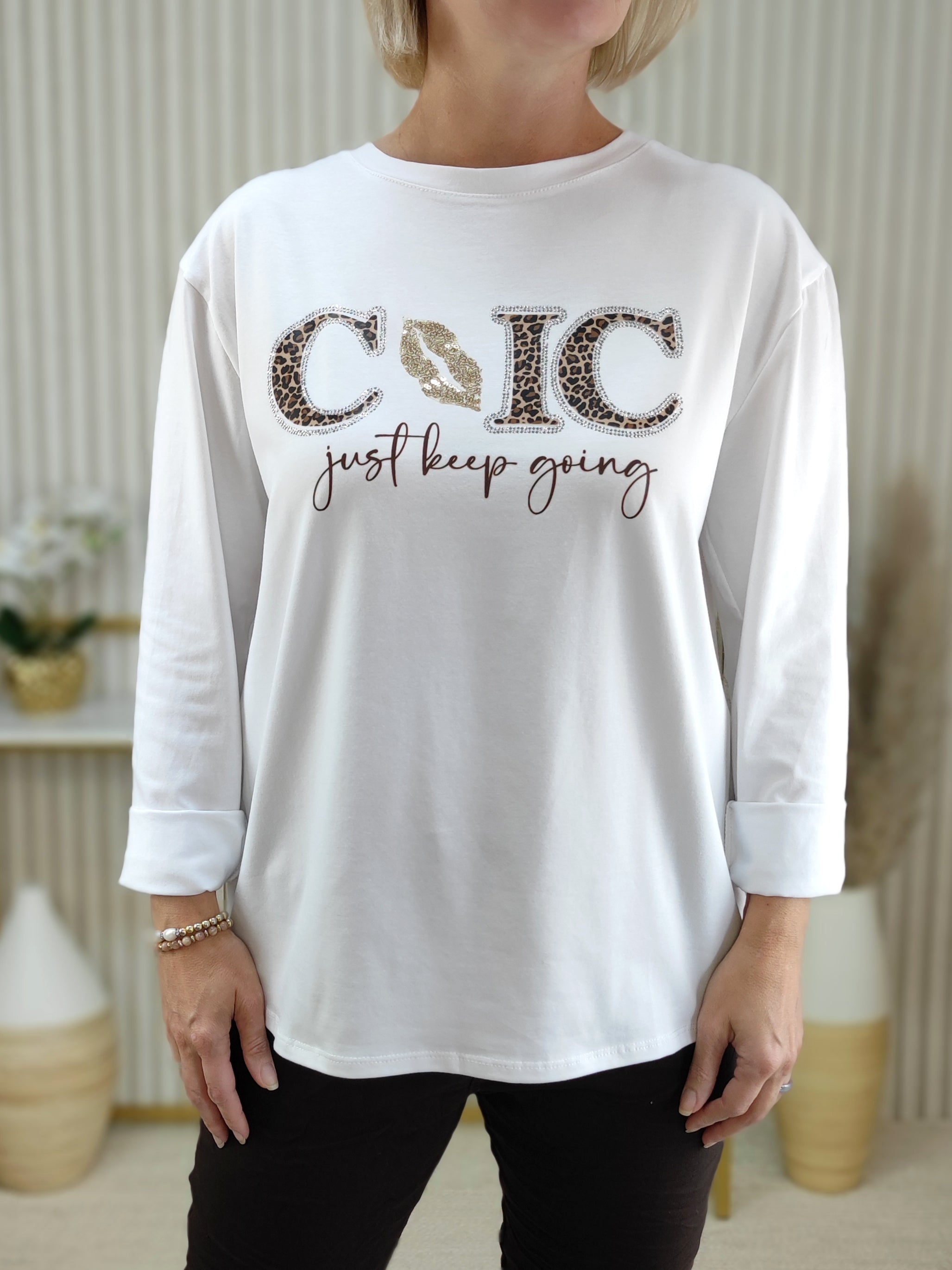 Langarm Shirt "Keep Going" weiss (36-42)