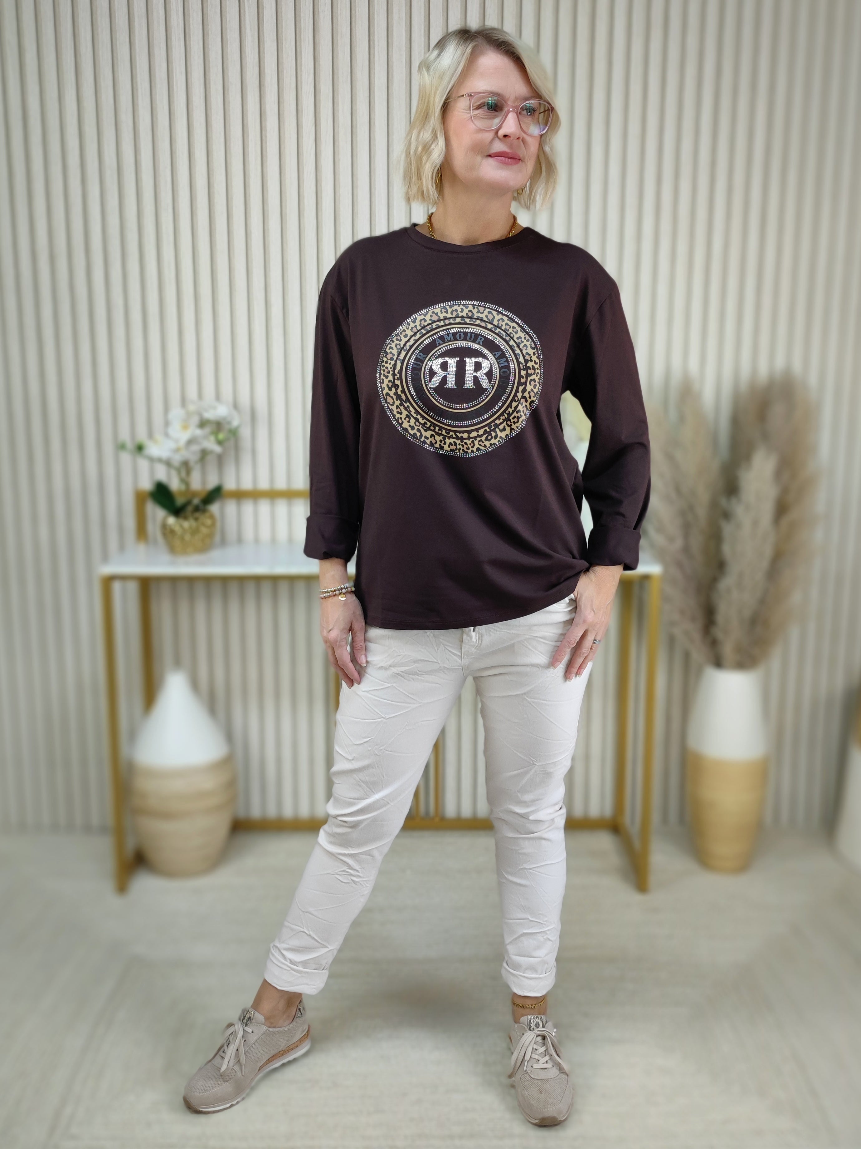 Langarmshirt "Amour" schoko in 2 Größen (38-42, 44/46-48)