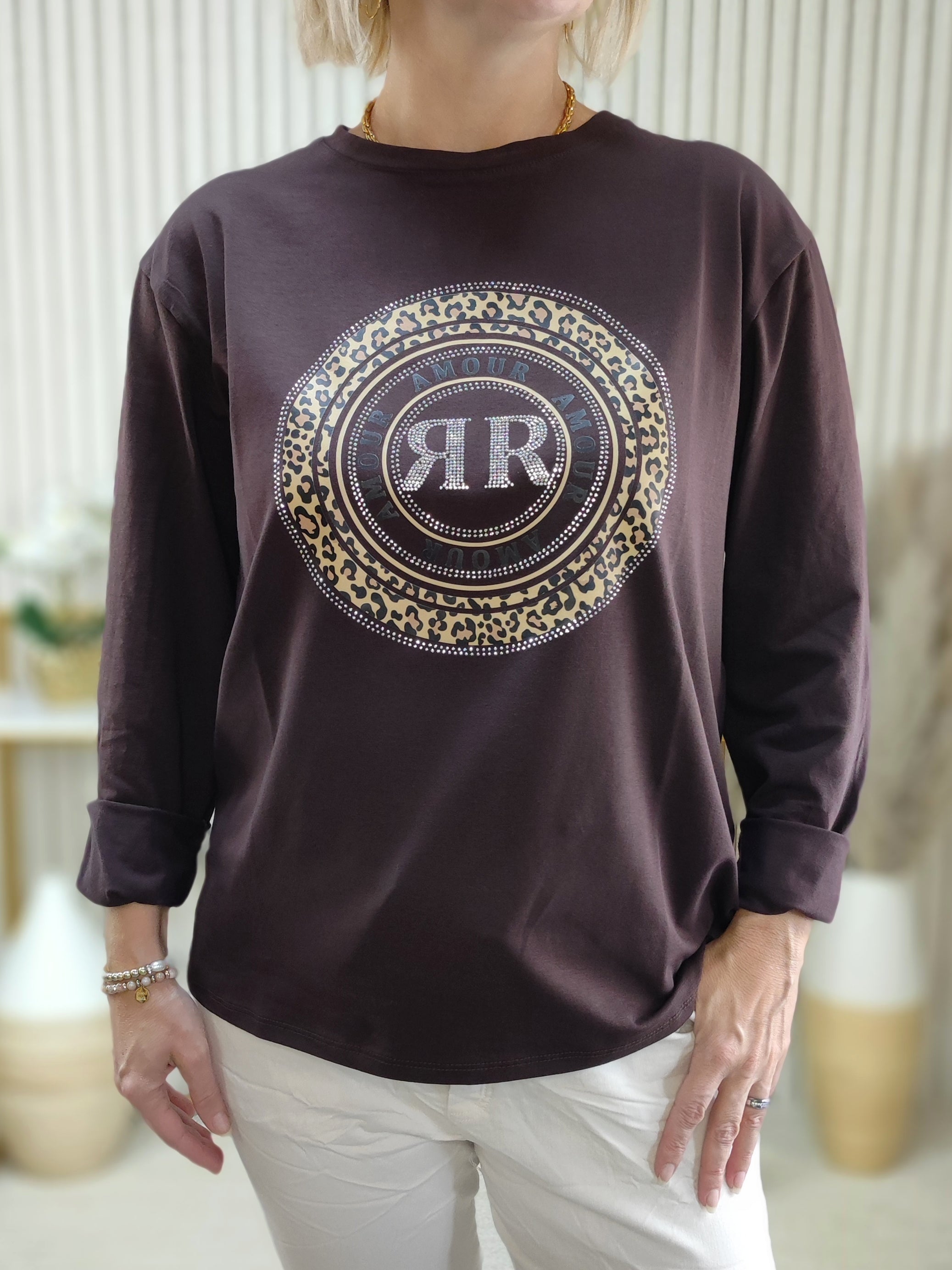 Langarmshirt "Amour" schoko in 2 Größen (38-42, 44/46-48)