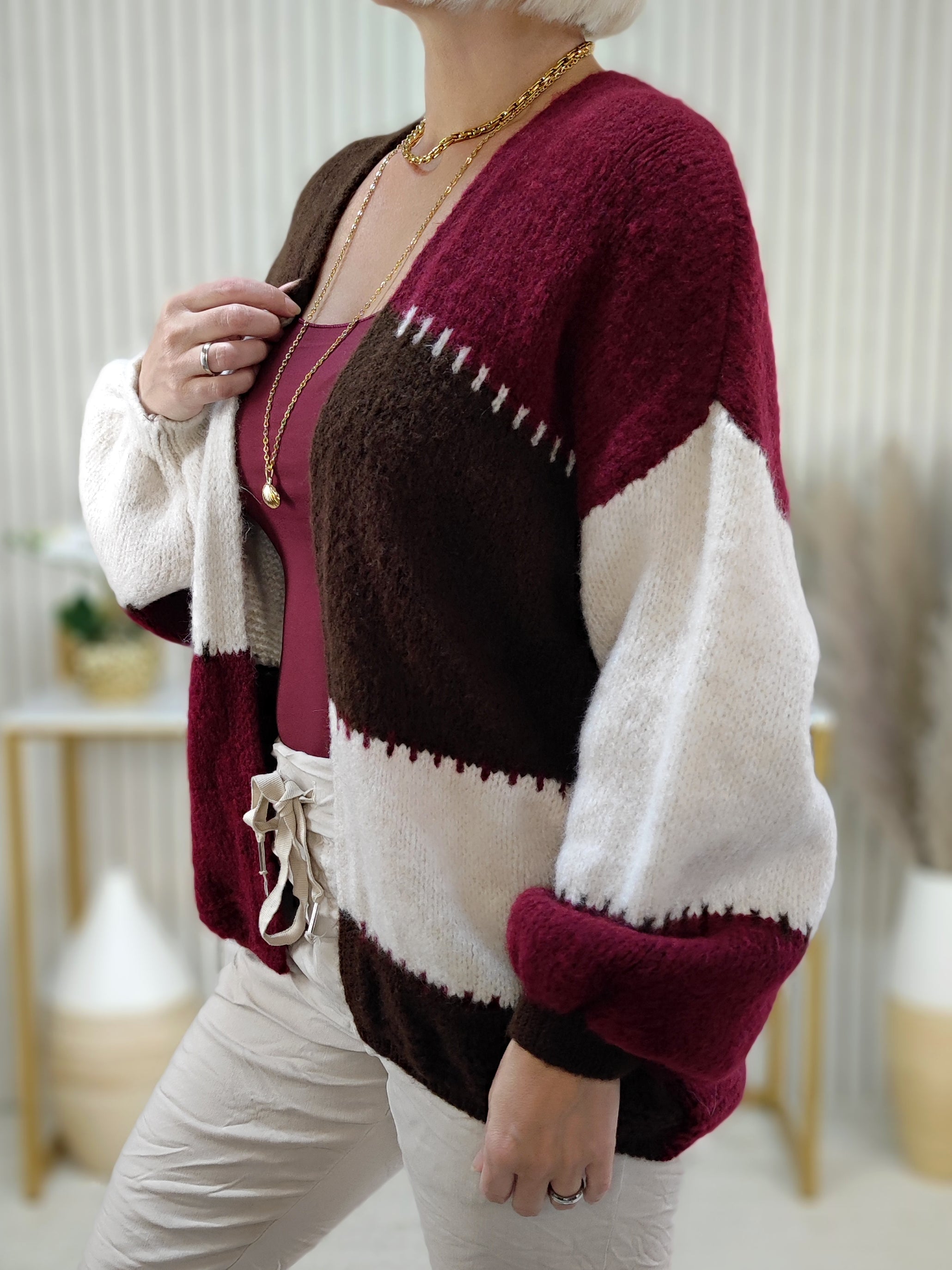 Kuschelige Strickjacke "Vanessa" beige/vino/schoko (36-42/44)