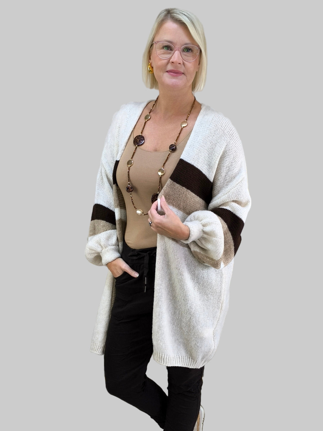 Kuschliger Grobstrick Cardigan mit Streifen schoko/camel/beige (36-44)