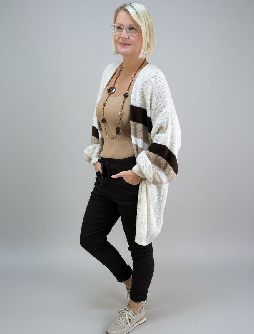 Kuschliger Grobstrick Cardigan mit Streifen schoko/camel/beige (36-44)