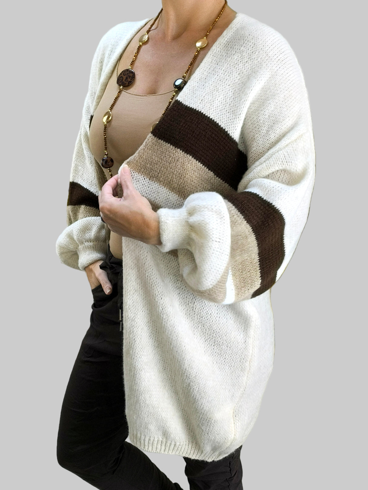 Kuschliger Grobstrick Cardigan mit Streifen schoko/camel/beige (36-44)