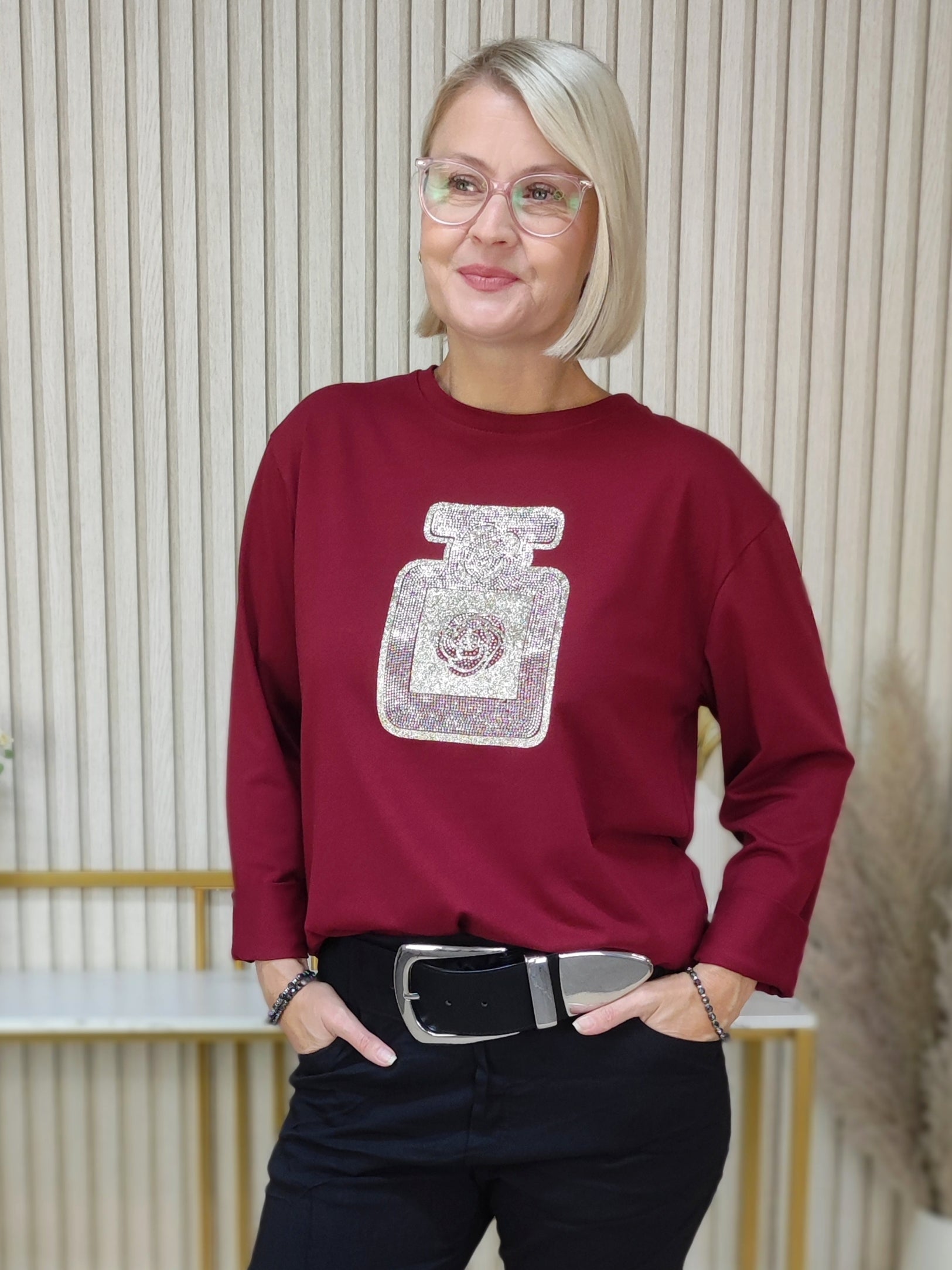 Langarmshirt "Flacon" vino in 2 Größen (38-42, 44/46-48)