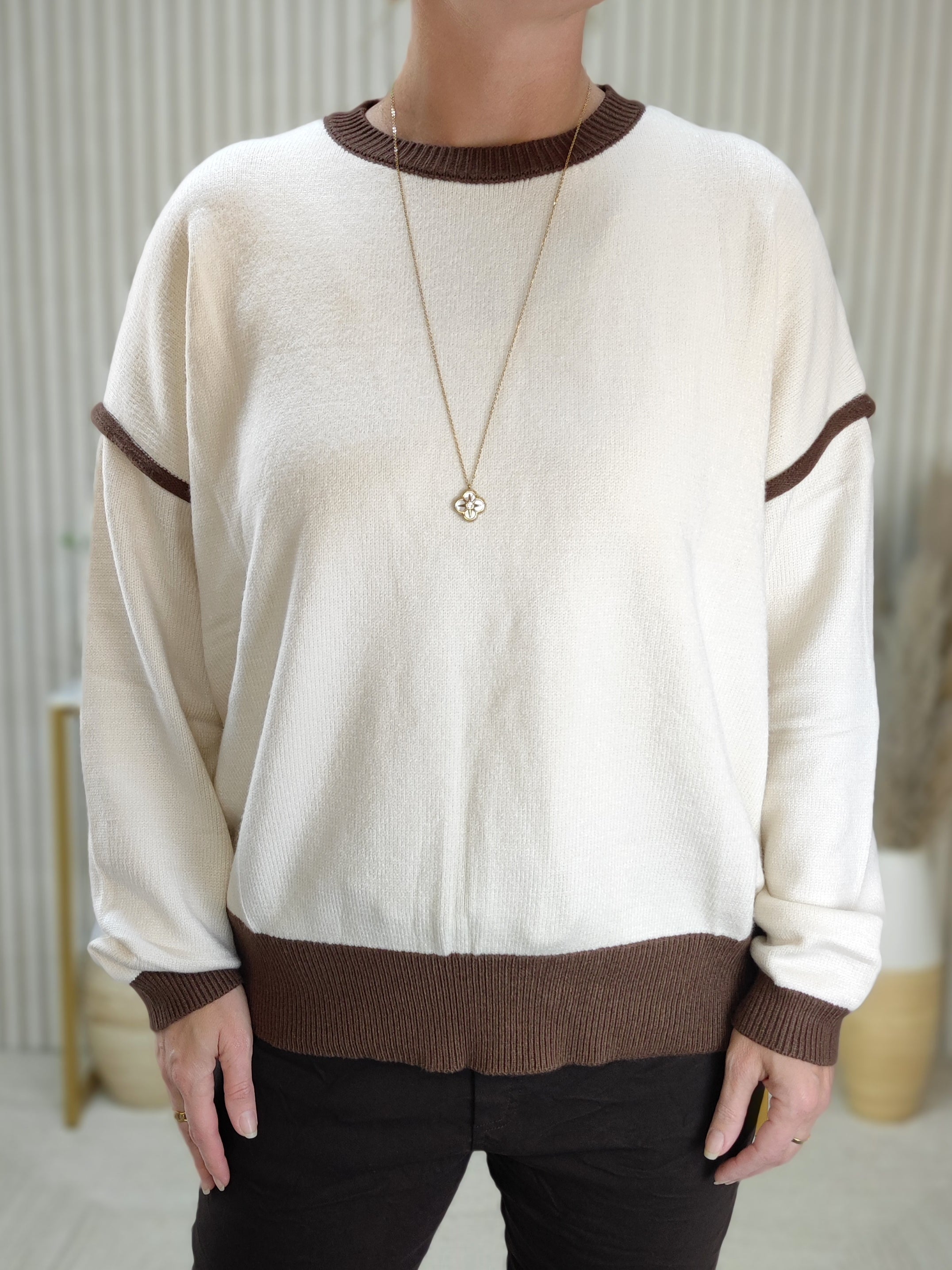 Feinstrick Pullover in creme/schoko (38-44)