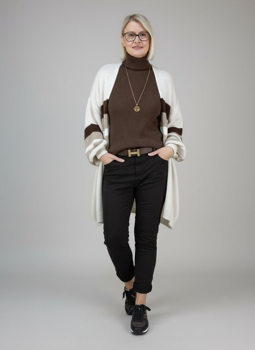 Kuschliger Grobstrick Cardigan mit Streifen schoko/camel/beige (36-44)