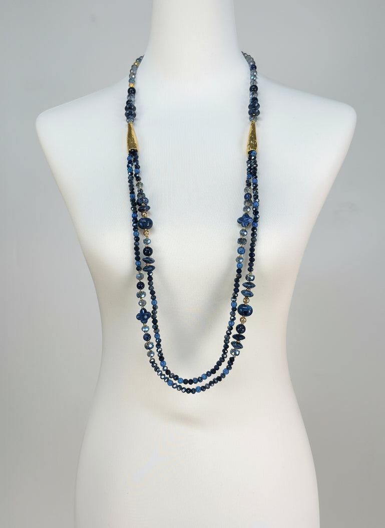 Lange Perlenkette blau/gold