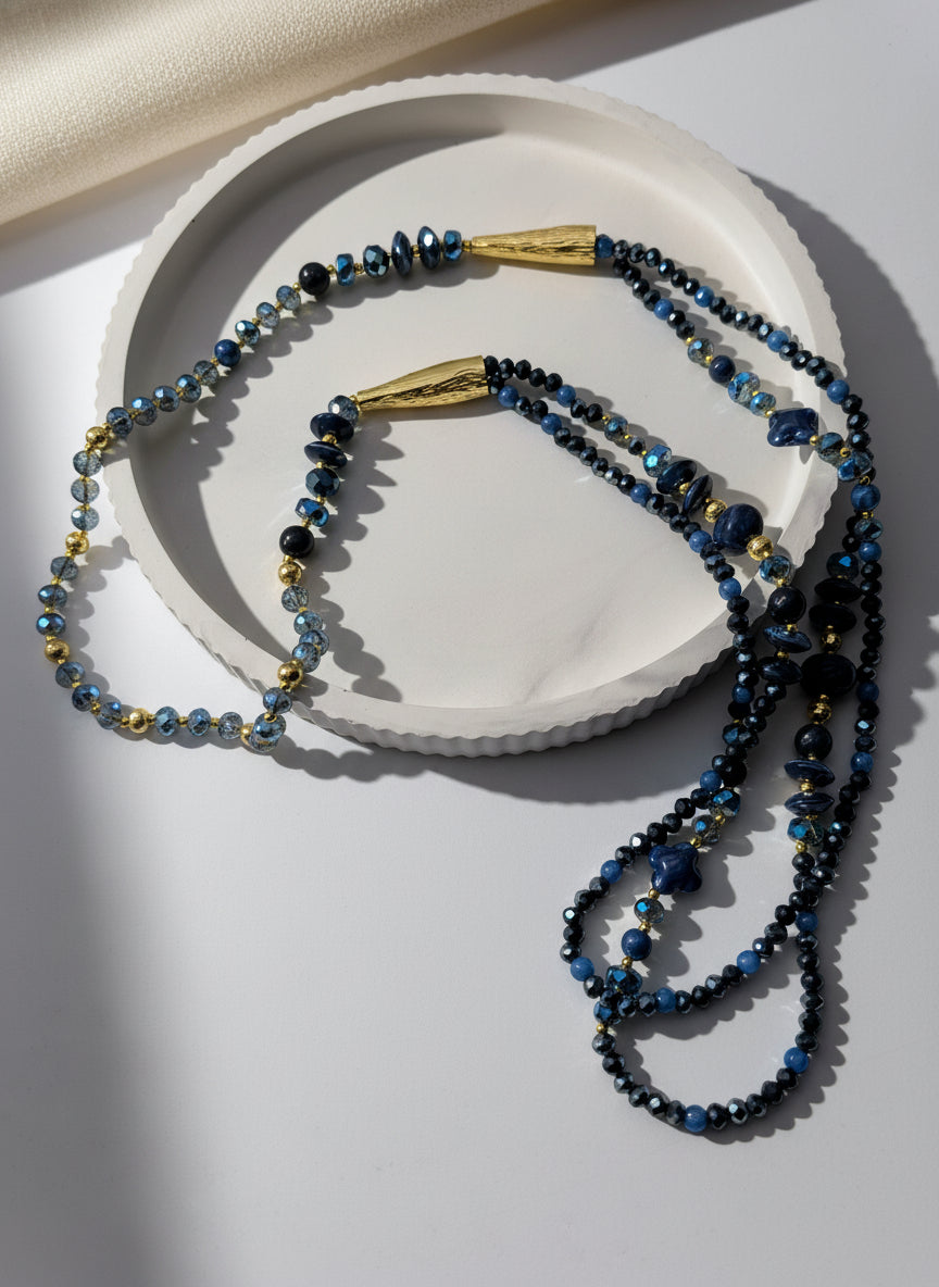 Lange Perlenkette blau/gold