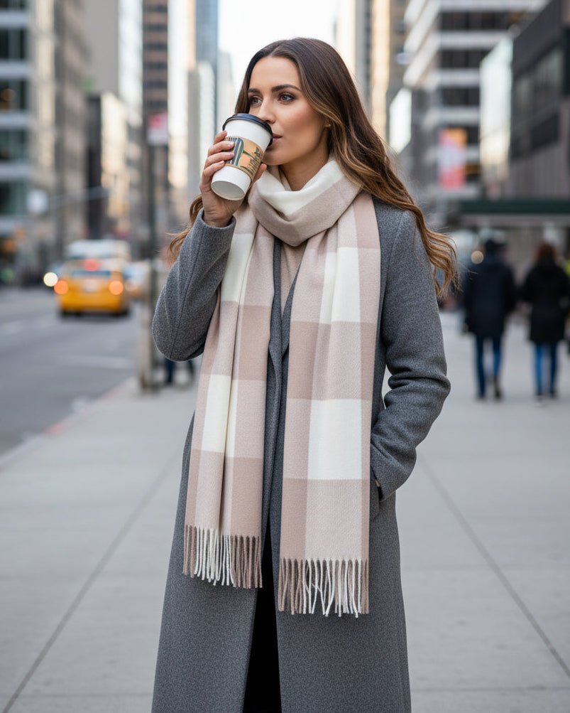 Kuschelschal kariert in beige/wollweiss