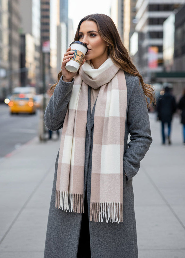 Kuschelschal kariert in beige/wollweiss