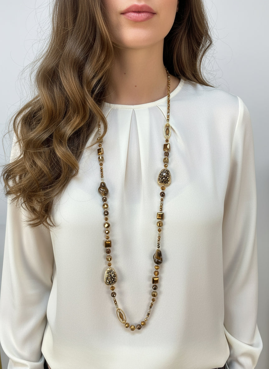 Lange Perlenkette coffee/gold