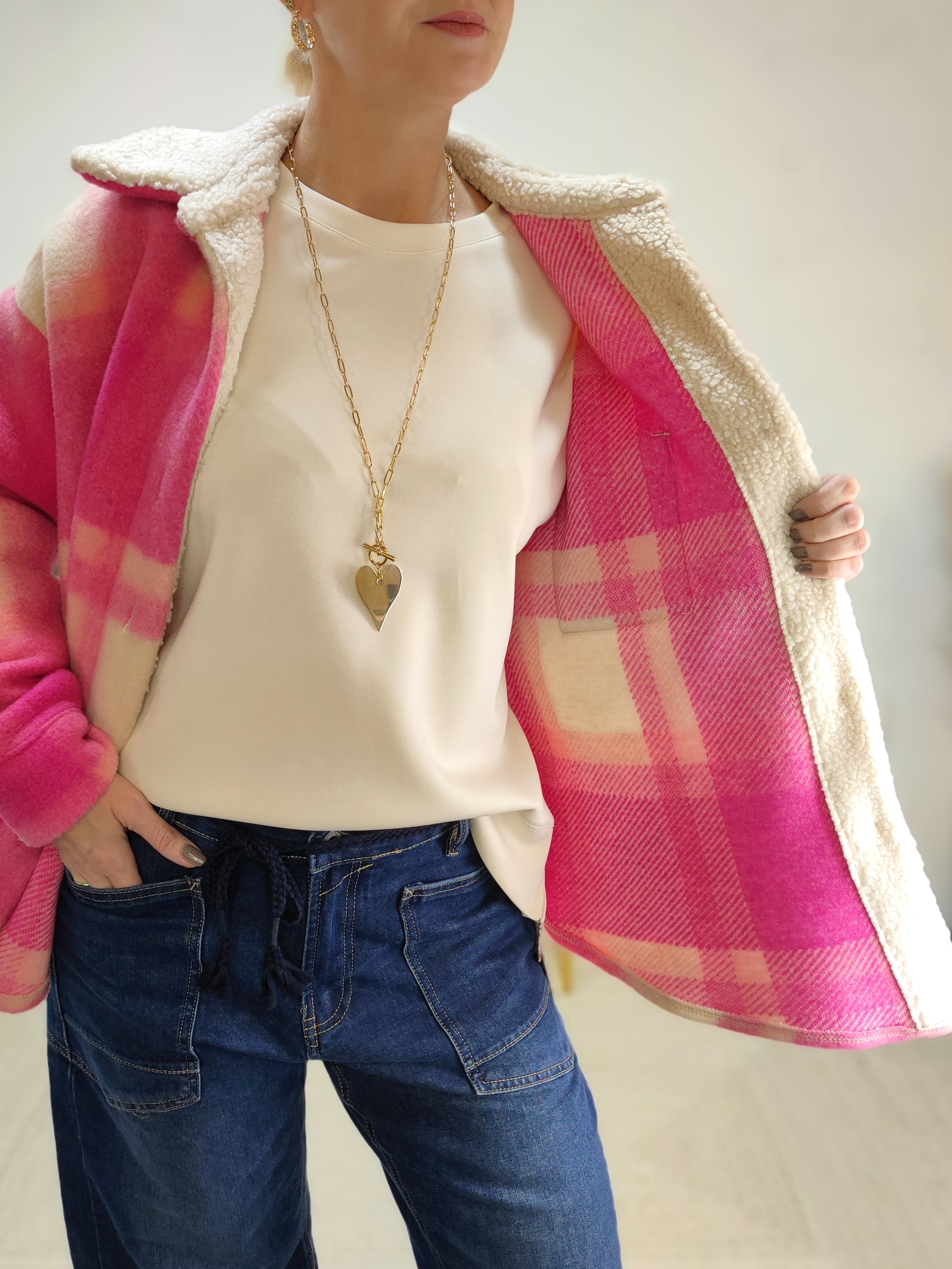 Warme Hemdjacke pink/beige (M & L)