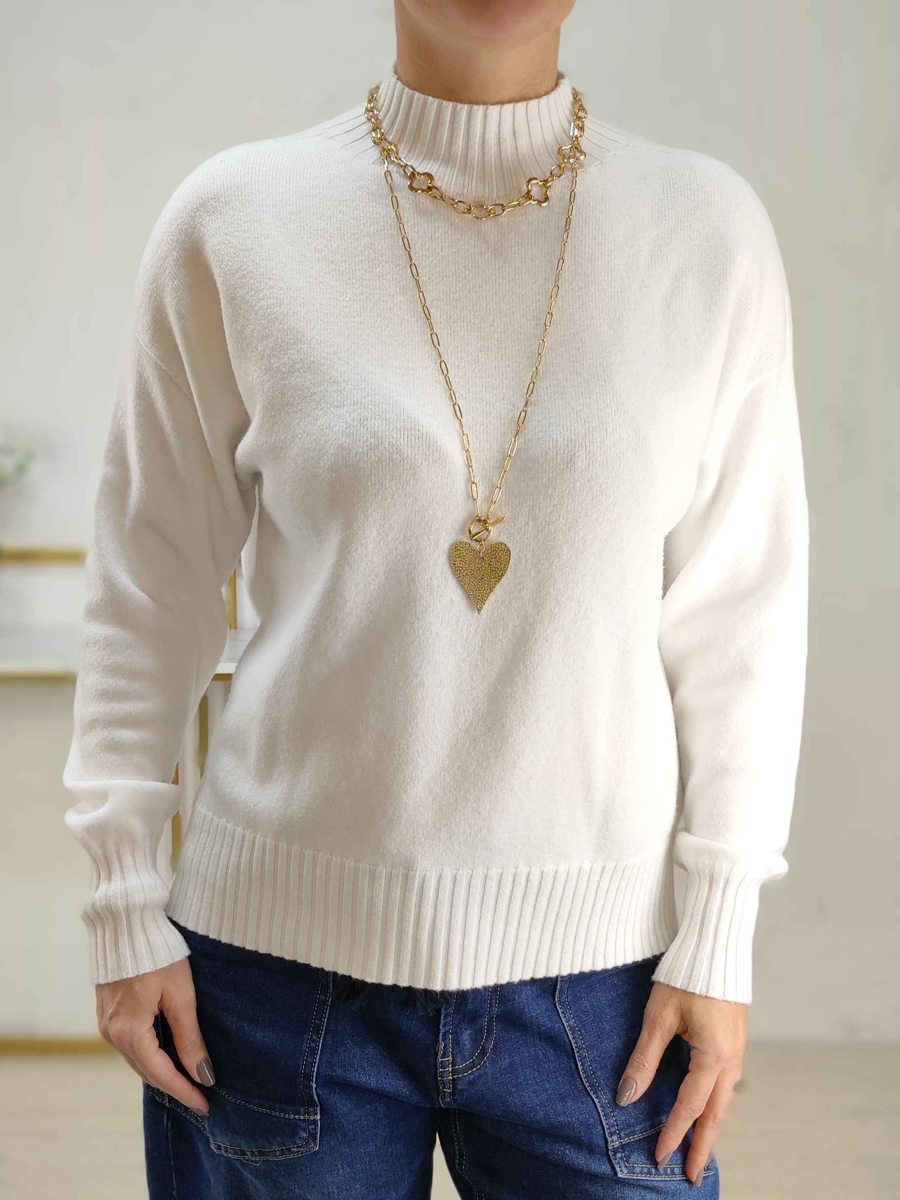 Pullover mit Turtle Neck einfarbig weiss (36-42)