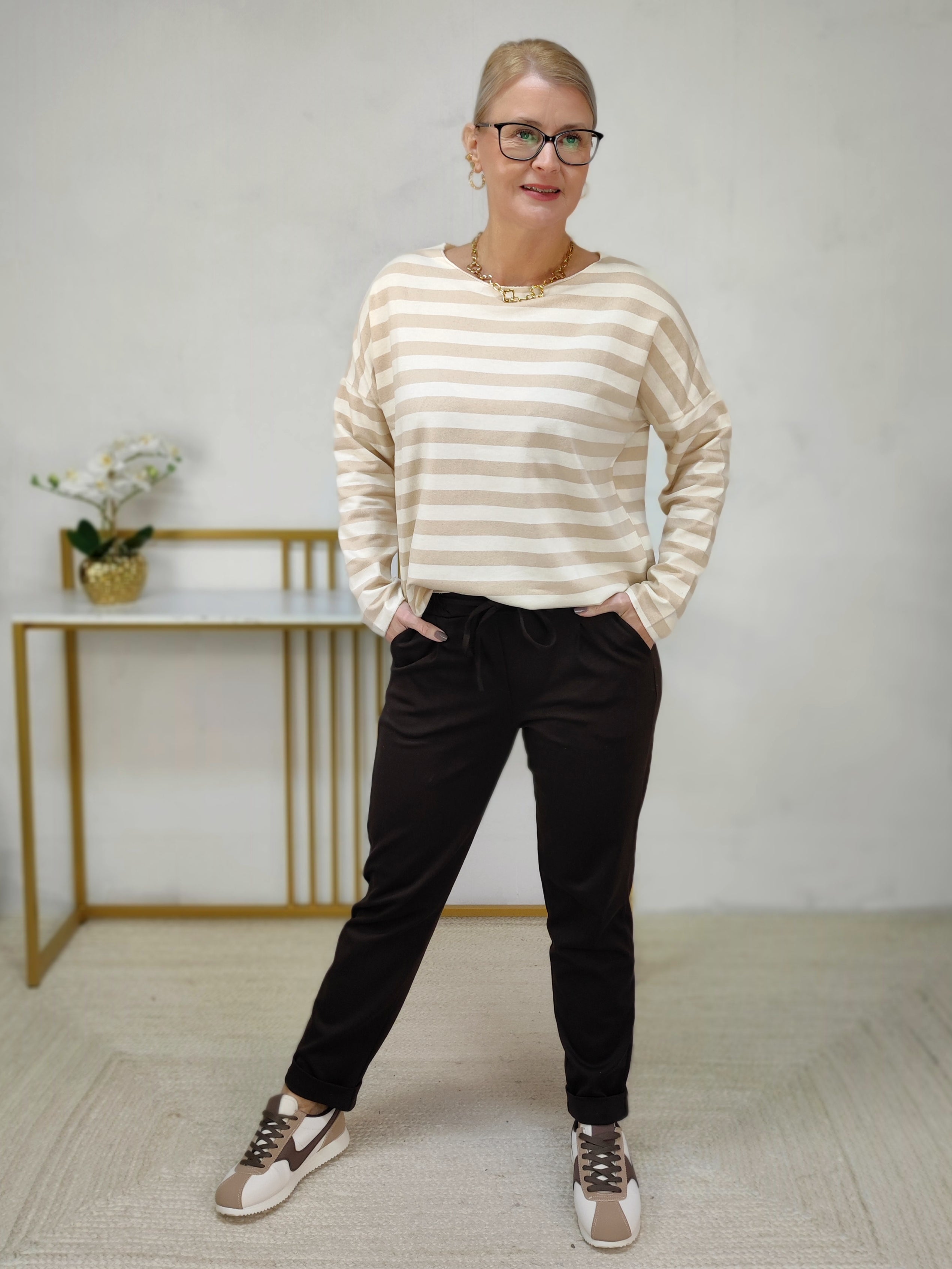 Baumwoll Shirt gestreift hell- und dunkelbeige (38-42/44)