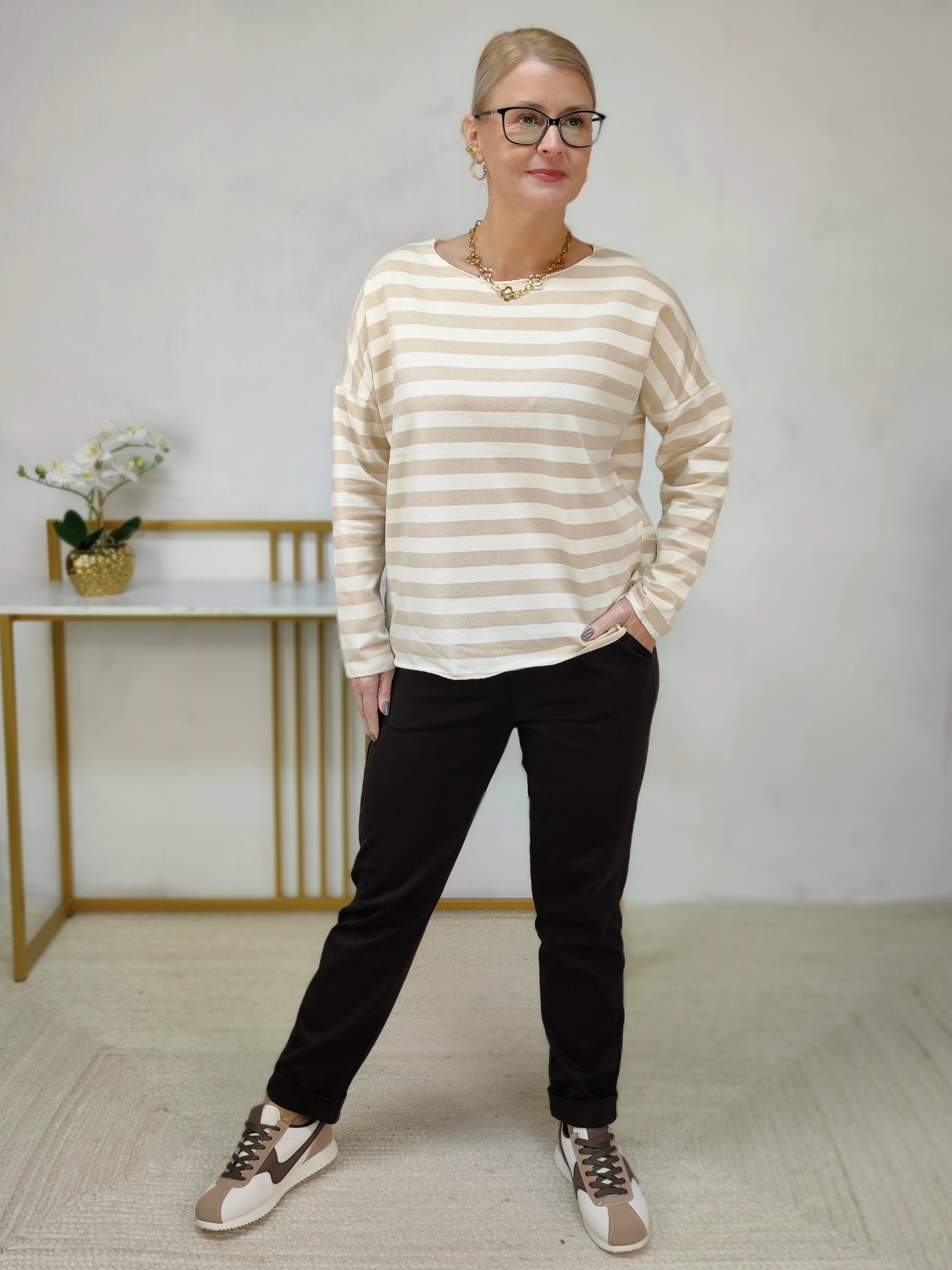 Baumwoll Shirt gestreift hell- und dunkelbeige (38-42/44)