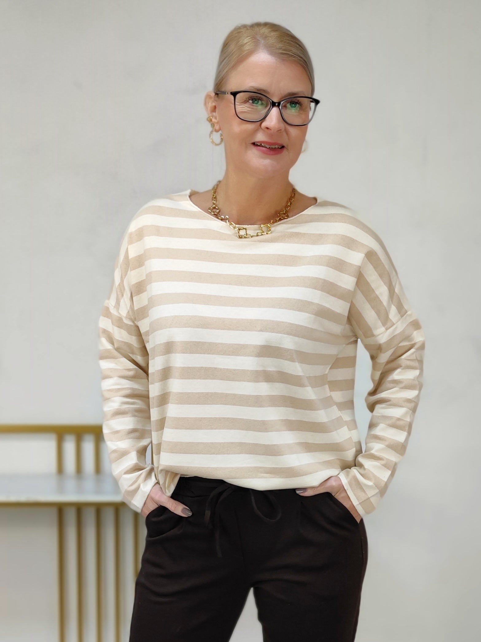 Baumwoll Shirt gestreift hell- und dunkelbeige (38-42/44)