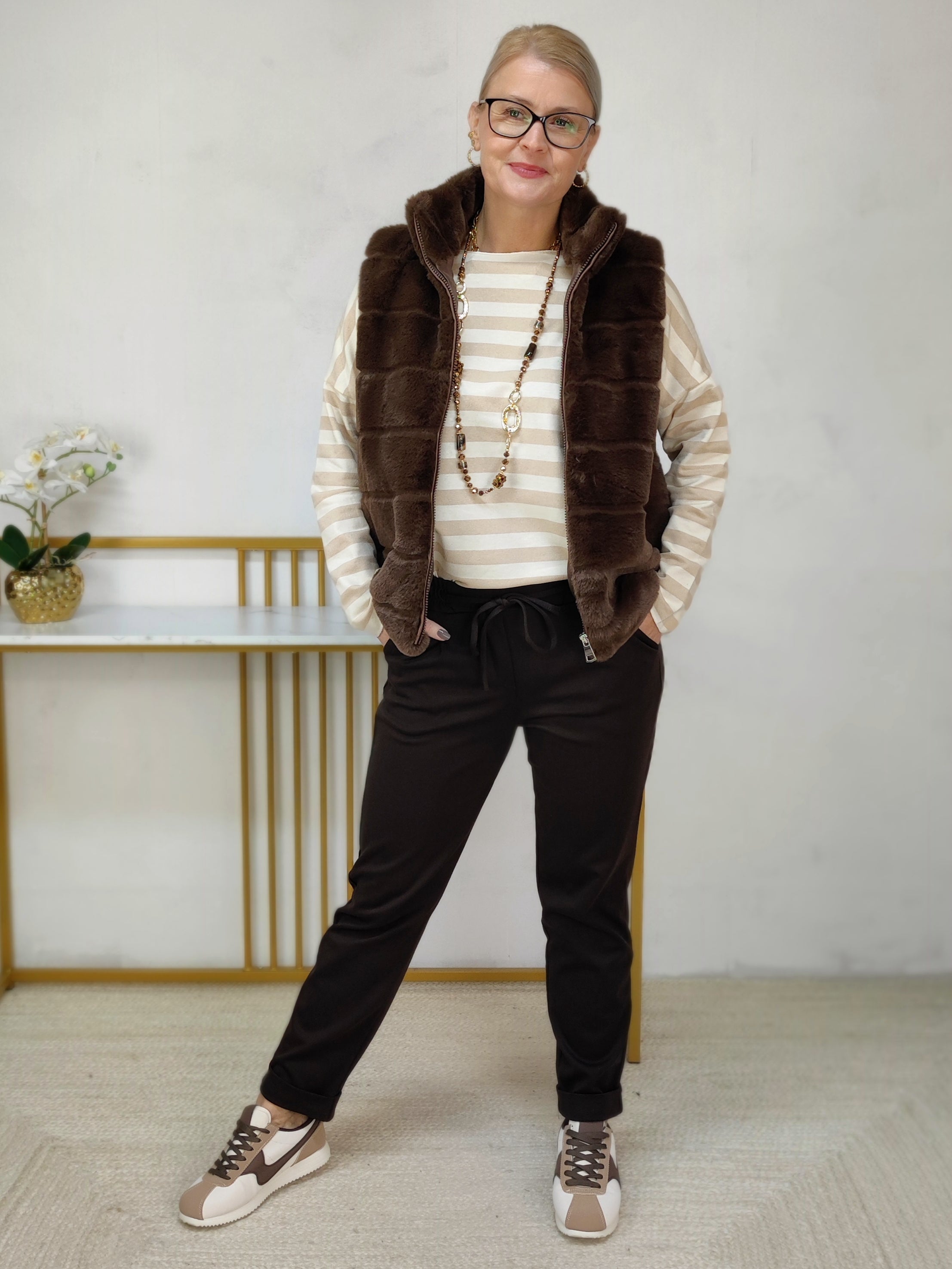 Baumwoll Shirt gestreift hell- und dunkelbeige (38-42/44)