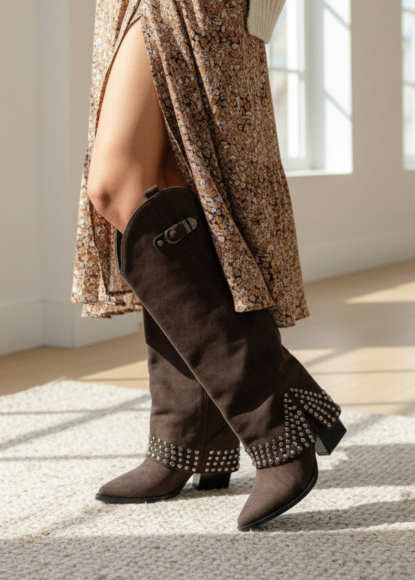 Coole Langschaft Stiefel im Western Style schoko (36-41)