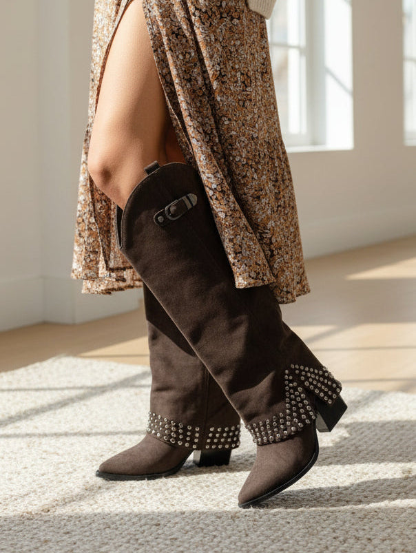 Coole Langschaft Stiefel im Western Style schoko (36-41)