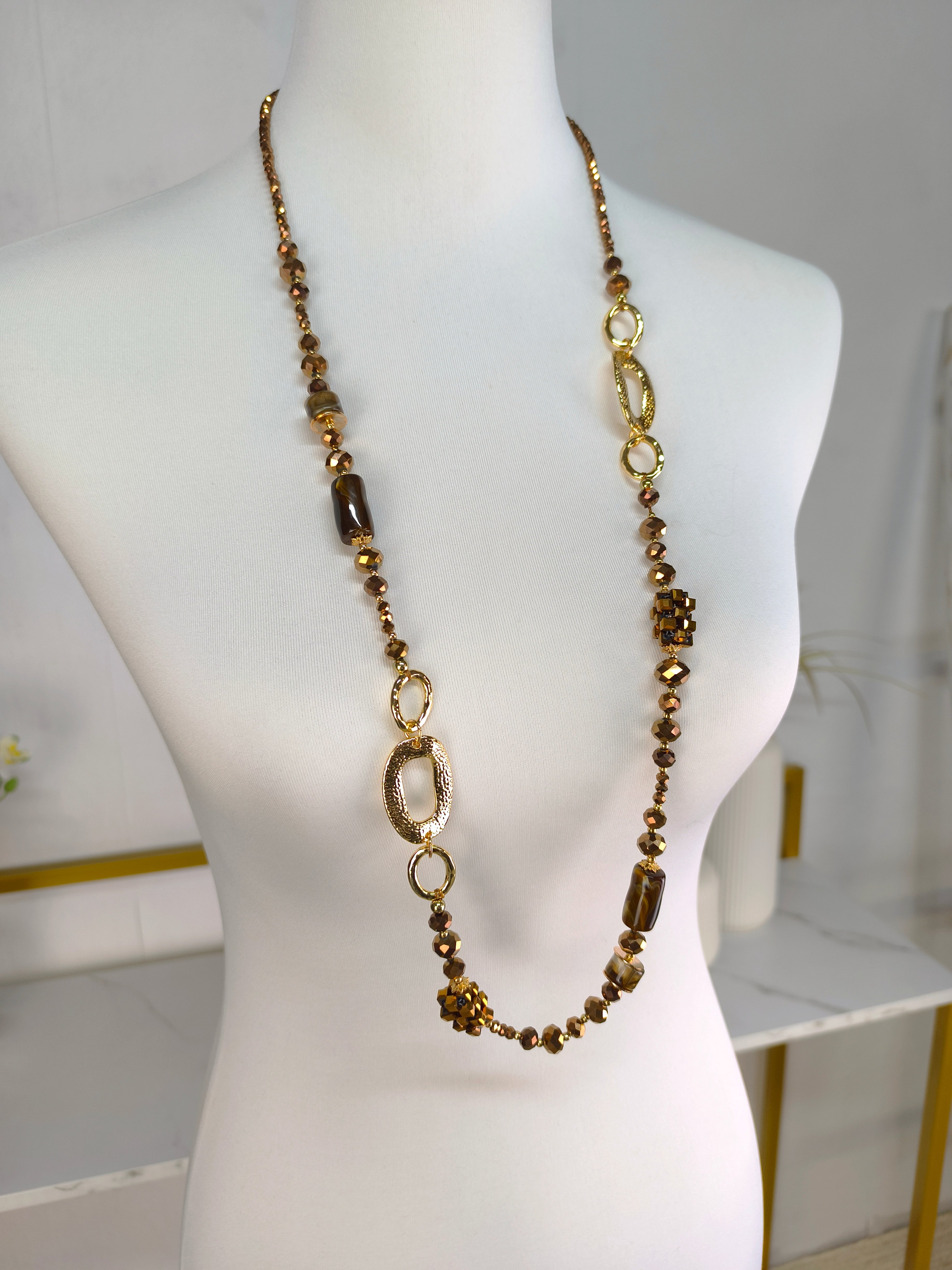 Lange Perlenkette braun/kupfer/gold