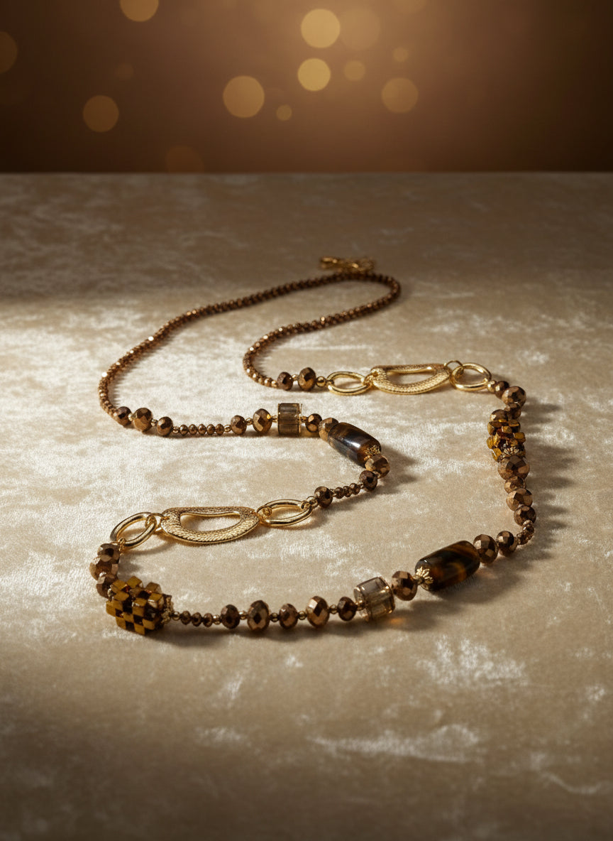 Lange Perlenkette braun/kupfer/gold