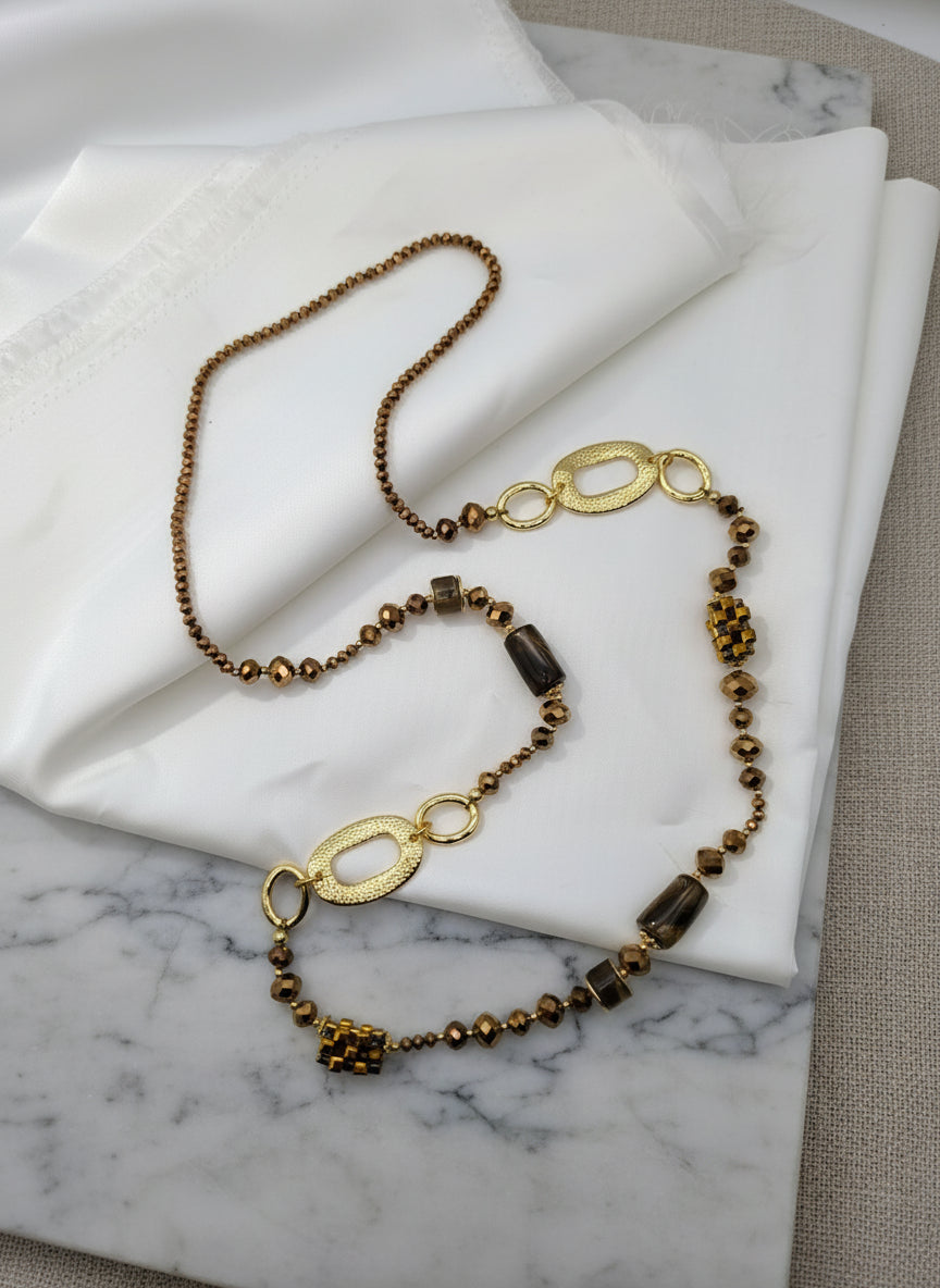 Lange Perlenkette braun/kupfer/gold